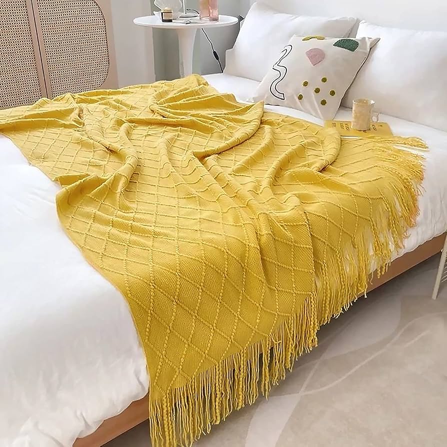 Amazon｜LumiSyne ニット ブランケット フリンジ付き 北欧風