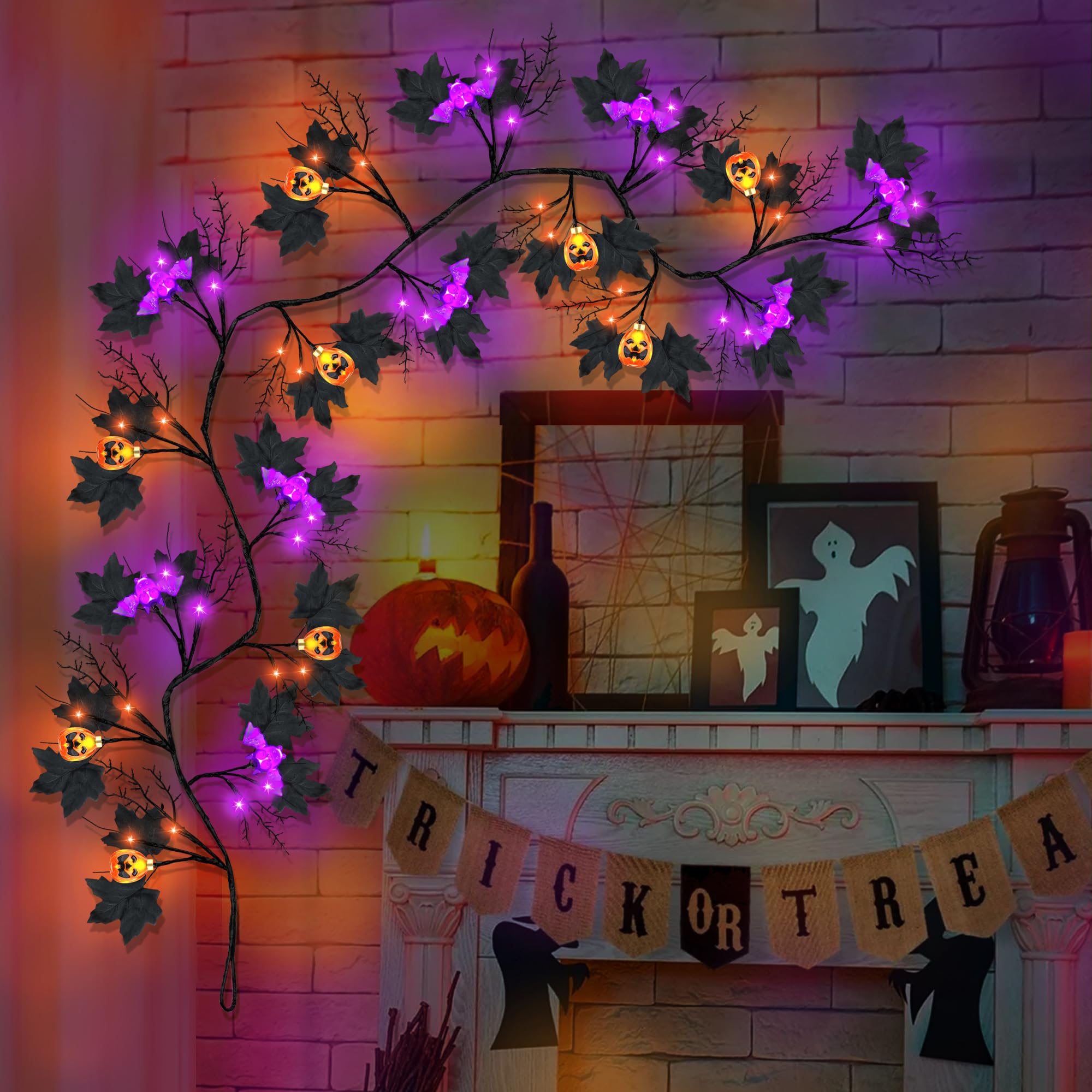 Lot De 2 Guirlandes De Vigne En Saule Pour Halloween, 8 Modes, étanches, à Piles, Avec Minuterie, Guirlande Lumineuse De 1,8 M Avec Chauve-souris Pour Mur, Cheminée, Décoration D'intérieur D'Halloween