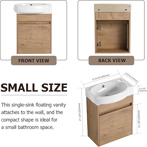 Miniatura 2 de Pvillez Tocador de baño de 16 pulgadas con fregadero, tocador de baño pequeño flotante con parte superior ovalada de cerámica y armario de tocador