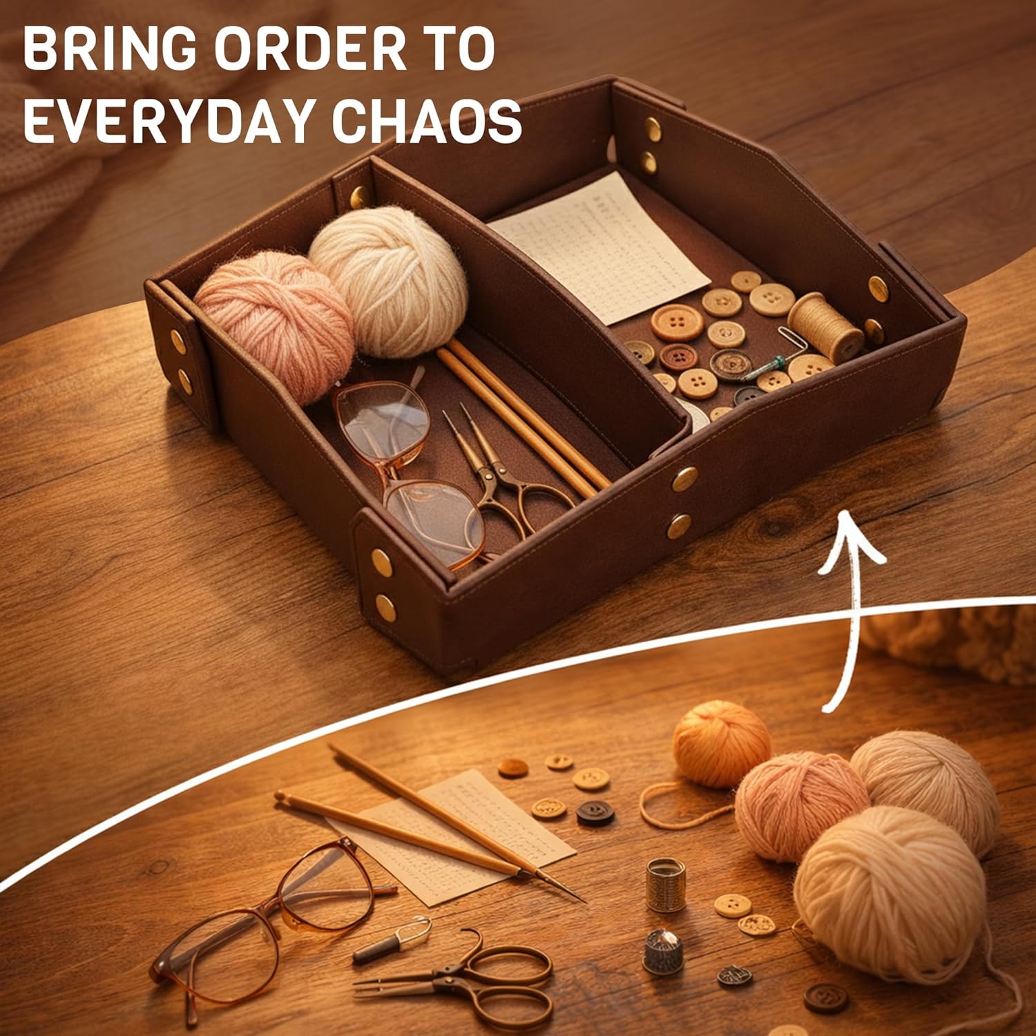Valet Tray Organizer for Men & Women - PU Leather Catch All Tray with Removable Divider - EDC Storage for Keys, Watch, Phone - Nightstand, Dresser & Desk Organizer - Midnight Espresso