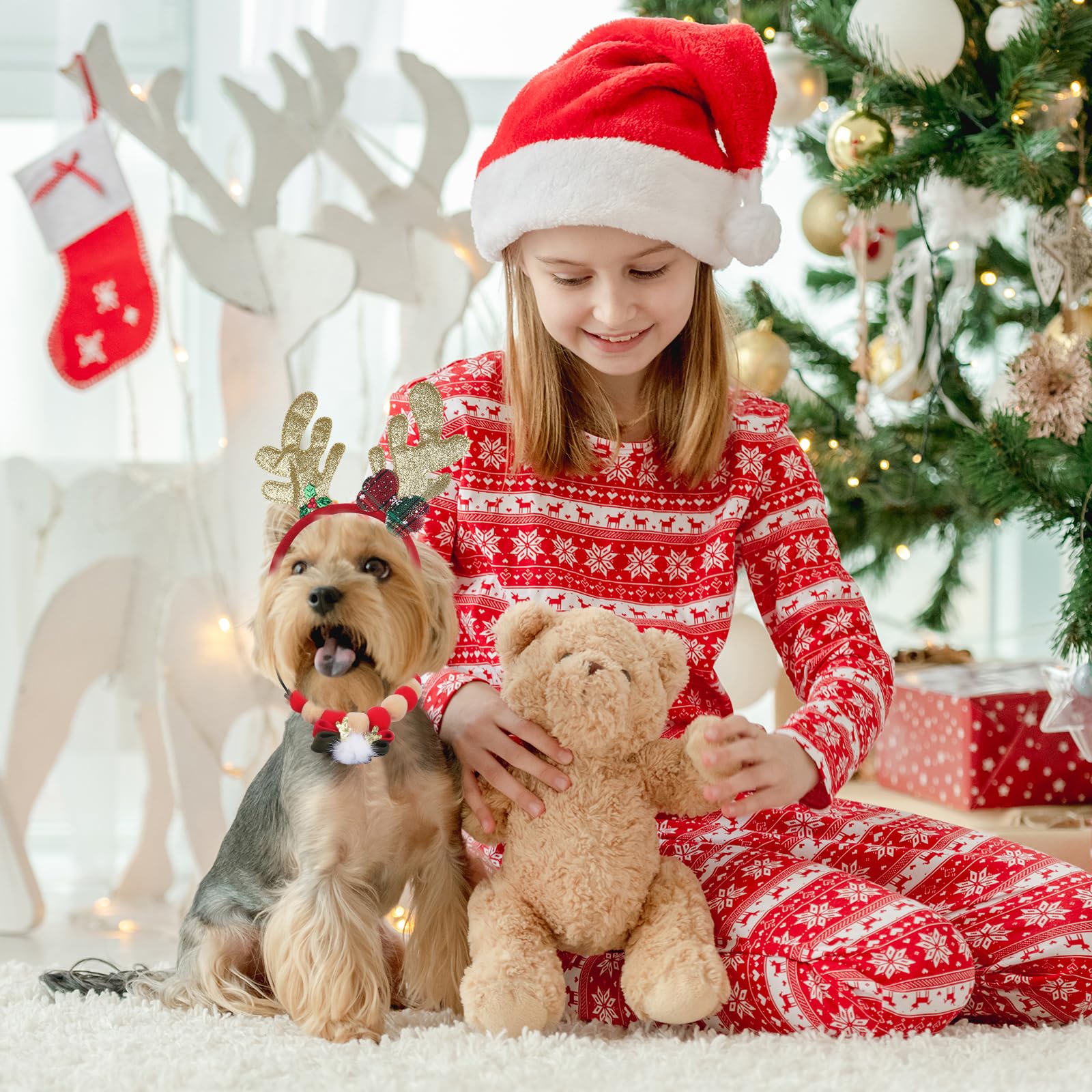 Cat Dog Christmas Outfit, Pet Christmas Costume, Christmas Pet Headwear, Xmas Small Dog Dress up, Christmas Reindeer Antlers Hat, Christmas Pom Pom Collar for Puppy Dog Cat - Image 4