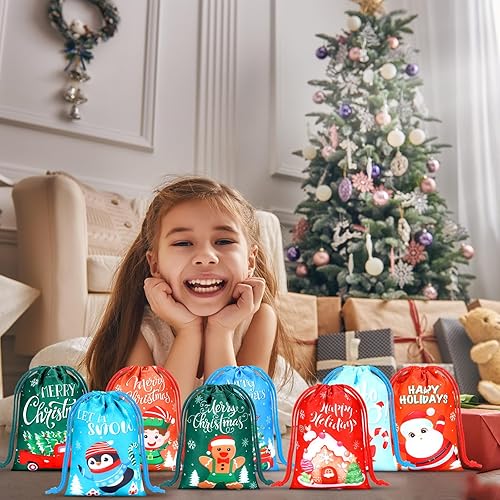 Miniatura 5 de Honoson 24 bolsas de regalo con cordón de Navidad, bolsas de regalo de fiesta de Navidad, bolsas de dulces de Navidad, bolsas de golosinas de muñeco