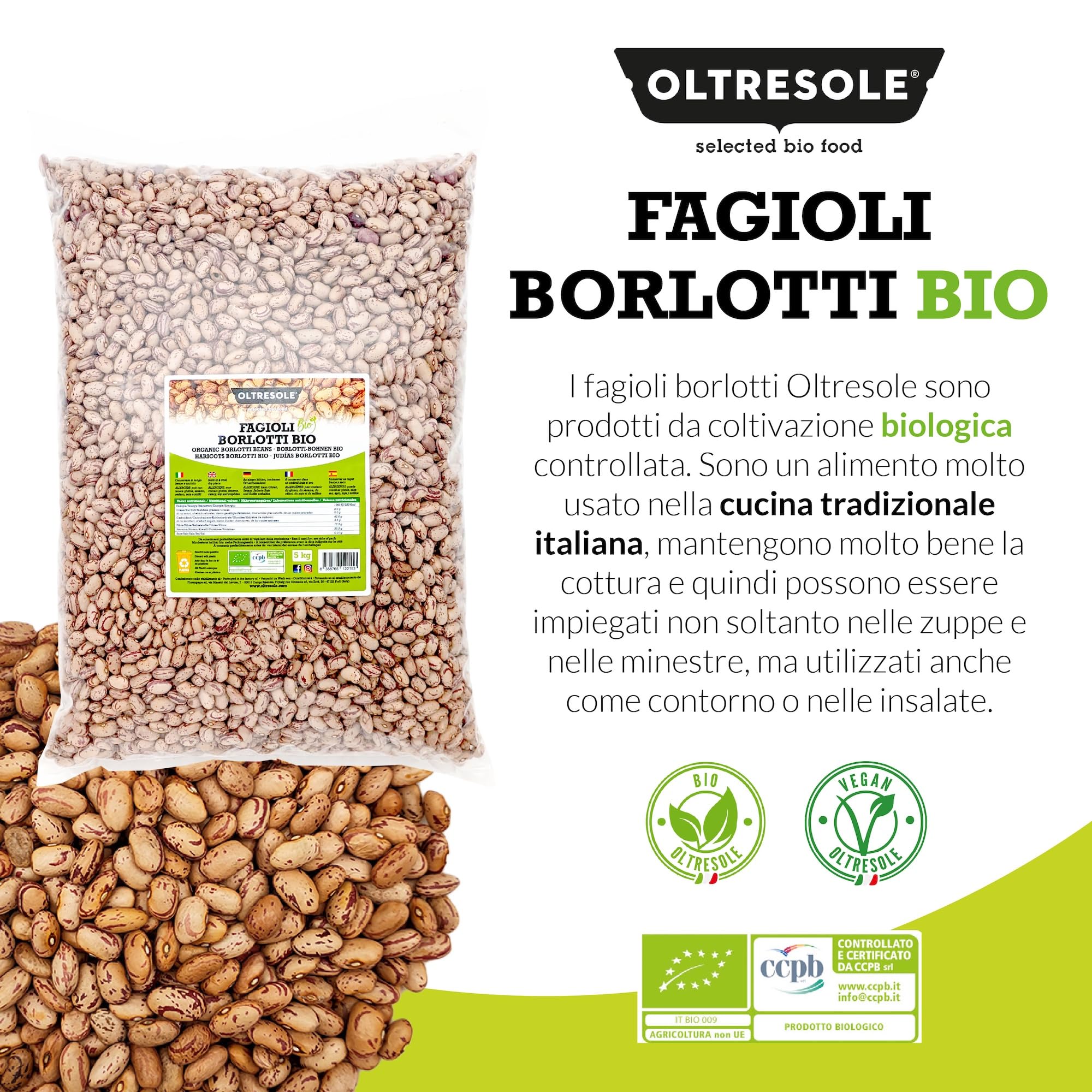 Oltresole, Fagioli Borlotti Biologici 5 Kg, Legumi Secchi Bio da Coltivazione Controllata, Ideali per Insalate, Zuppe, Minestre e Contorni, Formato Convenienza