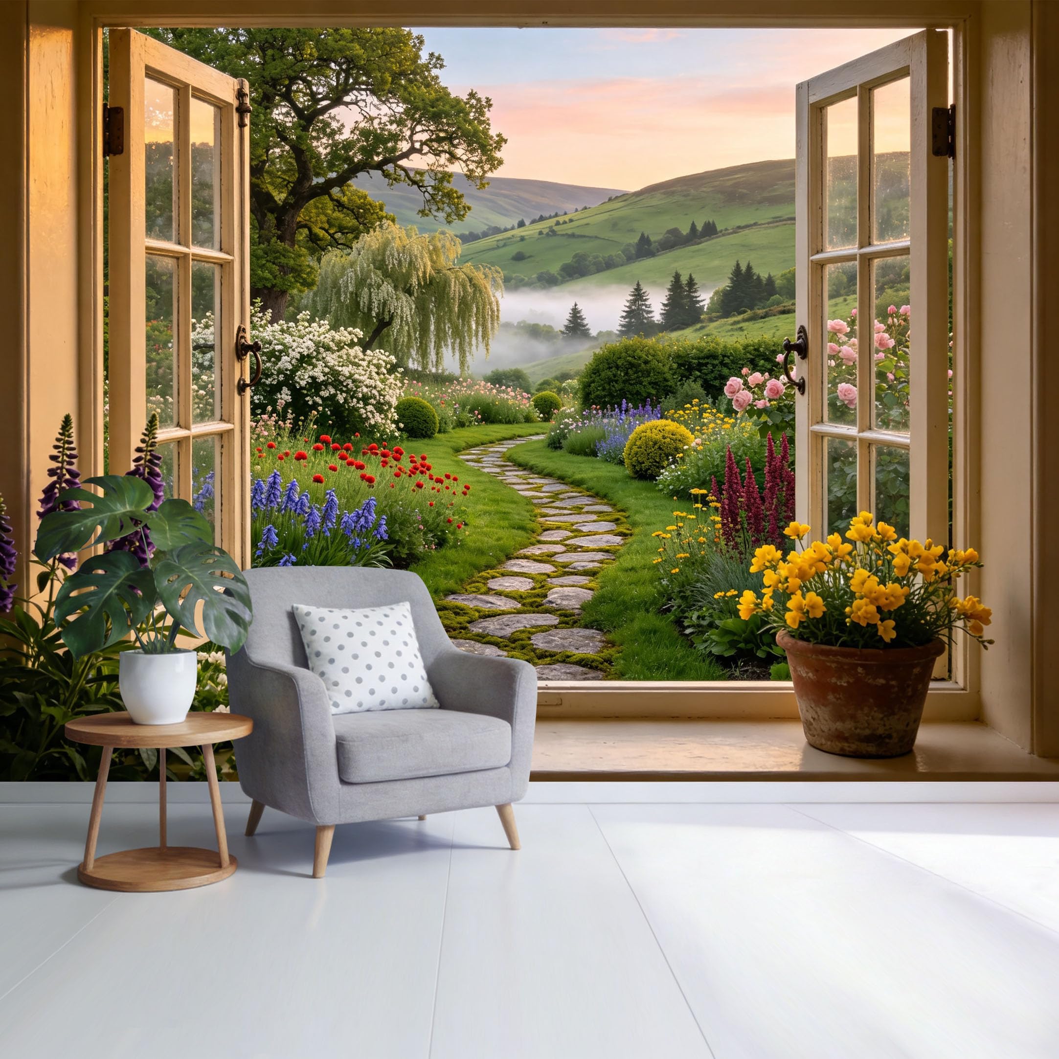 Custom Size Wall Mural Scenic Window View Garden Landscape Botanical 3D Trompe L'Oeil Removable Self Adhesive Fabric，Home Wall Decor for Living Room Bedroom Bathroom