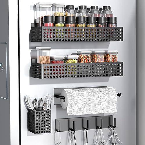 Estante magnético para especias para refrigerador de 2 niveles y soporte para toallas de papel y soporte para utensilios, organizador magnético para