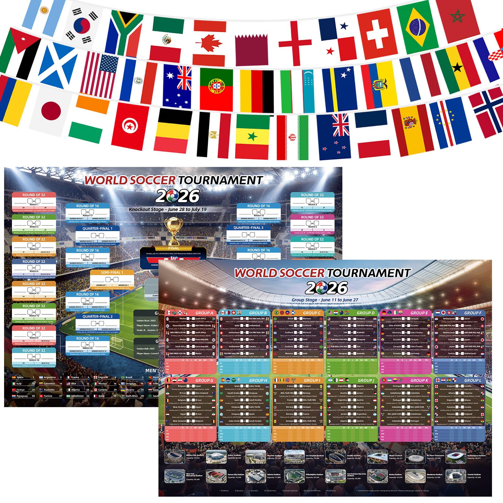 AhfuLife 2 Pcs World Cup Schedule Poster 2026 & 48 Countries String Flag Banner Set for Party Decorations, 23.3" x 16.5" World Cup Match 2026 Calendar and Fabric String Flags for Fans Home Bar Decor - 2