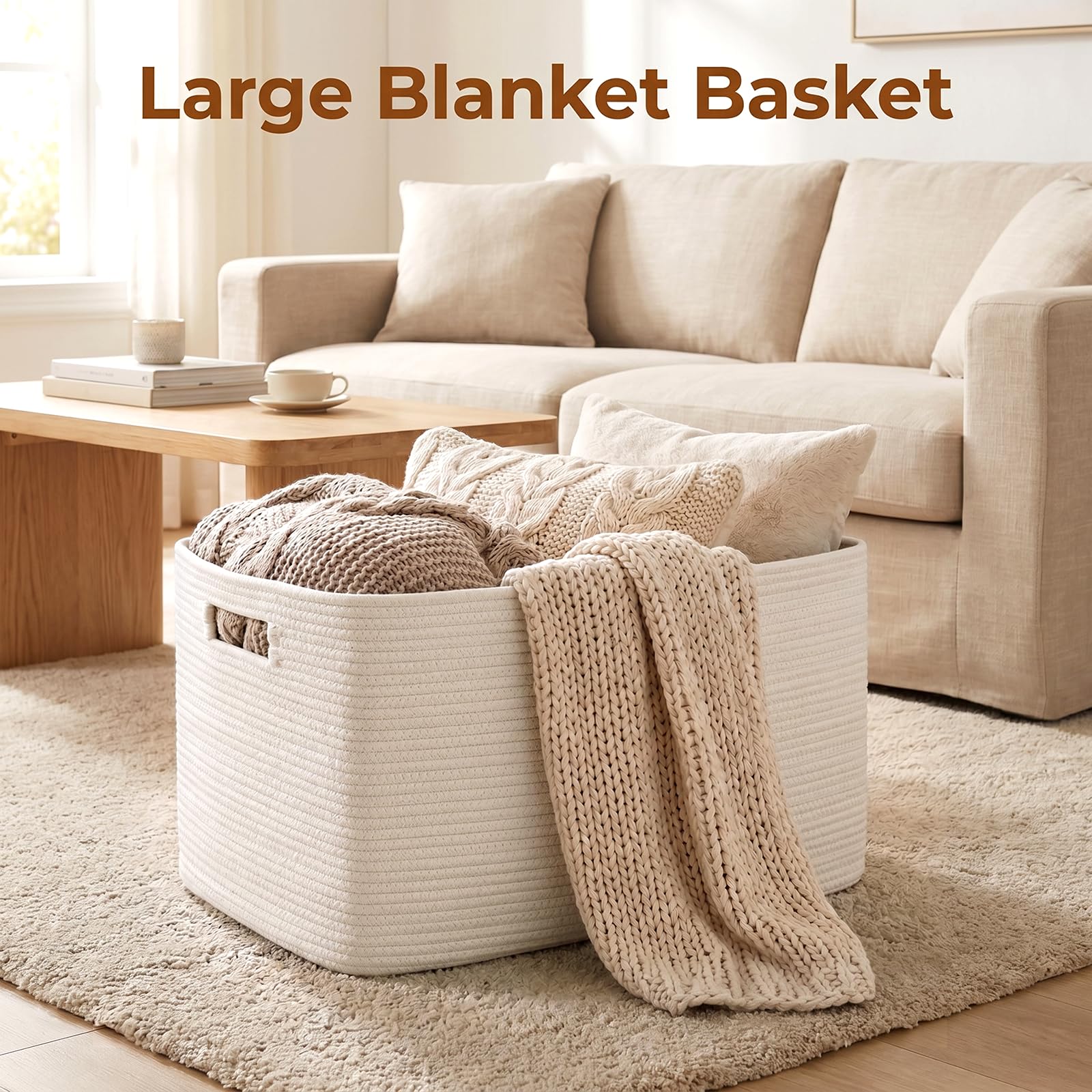 OIAHOMY Großer Baumwollseilkorb mit Griff, 75 l, gewebter Aufbewahrungskorb für Decken, Spielzeug, Wohnzimmer und Kinderzimmer, 56 x 43 x 30 cm, Weiß