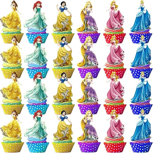 48 piezas de decoraciones de princesa para cupcakes de princesa, suministros para fiestas de cumpleaños, decoraciones de pasteles para fiestas