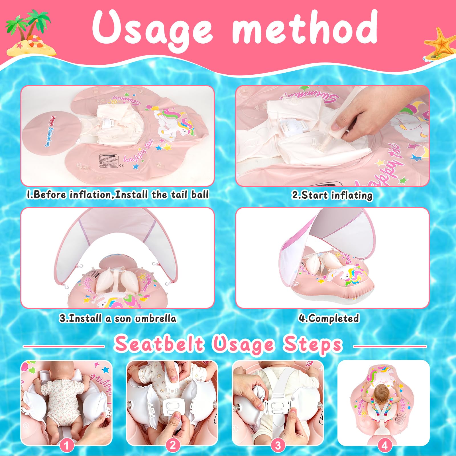 Mineup Salvagente Neonato Con Parasole, Ciambella Neonato Mare, Ciambella Da Nuoto Per Bambini, Seggiolino Gonfiabile Regolabile Con Parasole UPF50+, Galleggiante Per Bambini 12-36 Mesi
