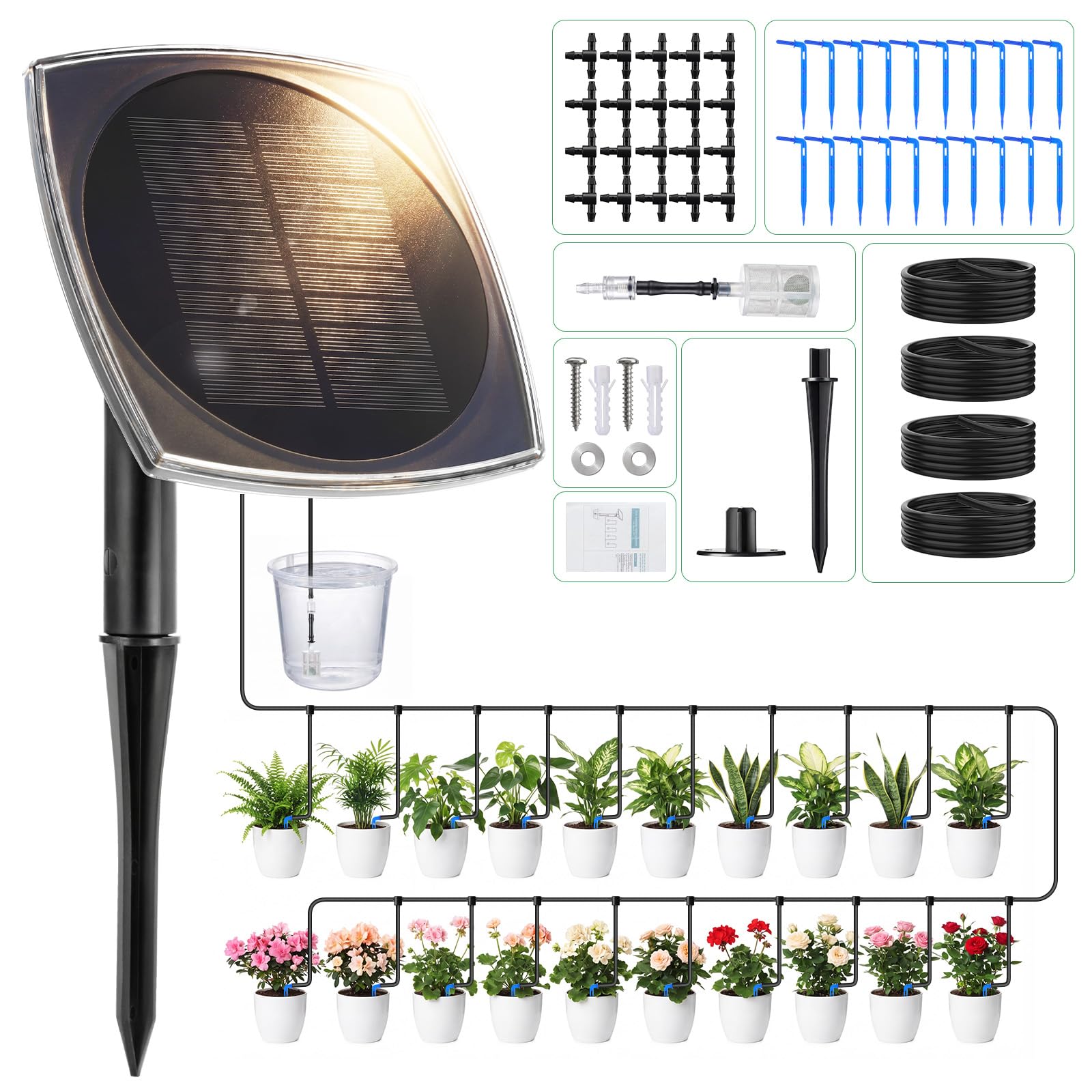 Sistema de riego solar para balcón para 20 plantas en macetas - 2026 Sistema de riego automático más reciente con 12 modos de temporizador y tubo de goteo de 20 m para plantas de jardín, plantas de