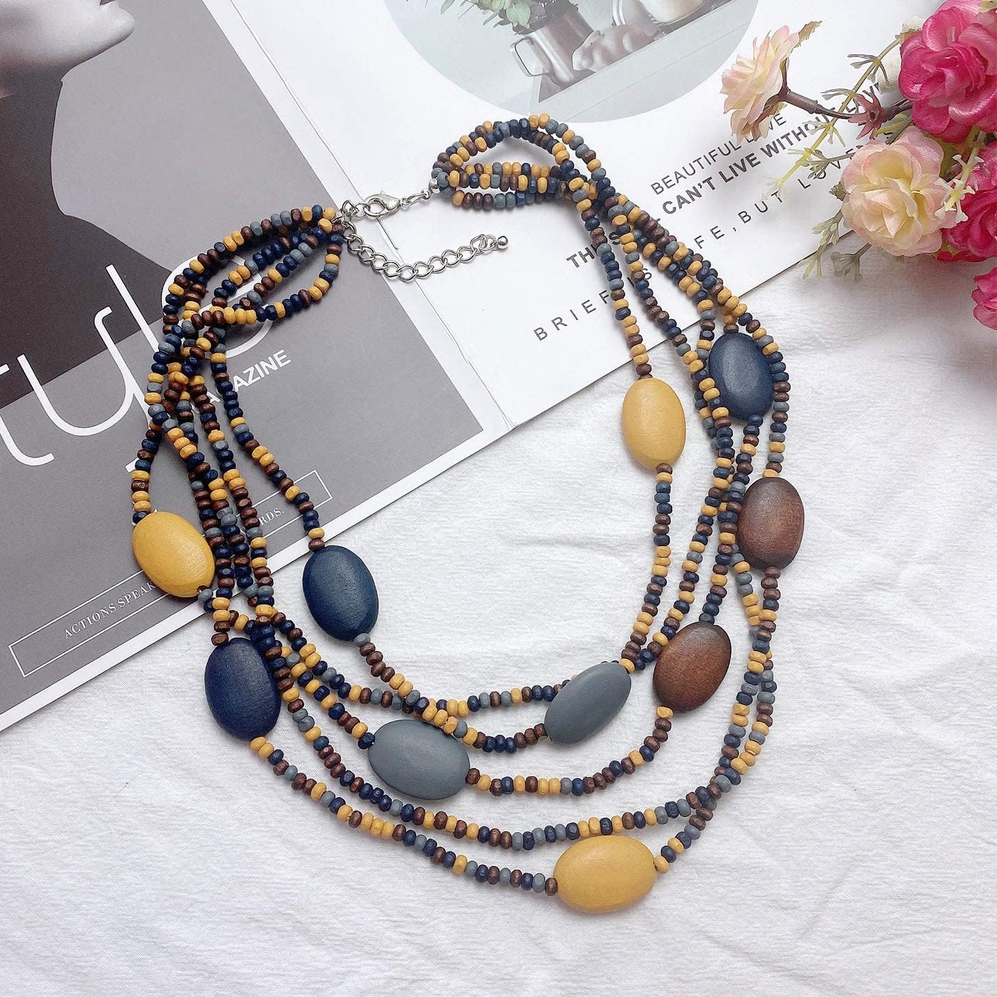 Coiris Multi Color 5 Layers Wood Beads Strand Statement Necklace for Women Chunky Collar (N0019) - Image 3