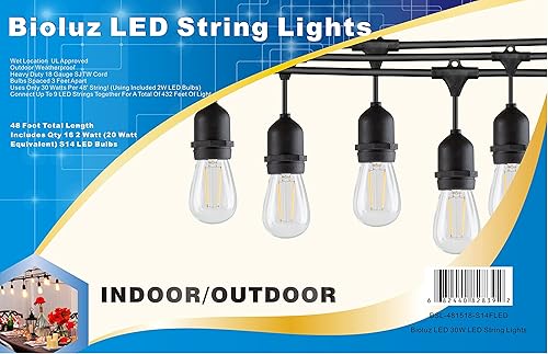 Bioluz LED Tira de luces para exteriores, cadena de luces de 48 pies para patio, resistente a la intemperie con 15 enchufes con 16 bombillas LED