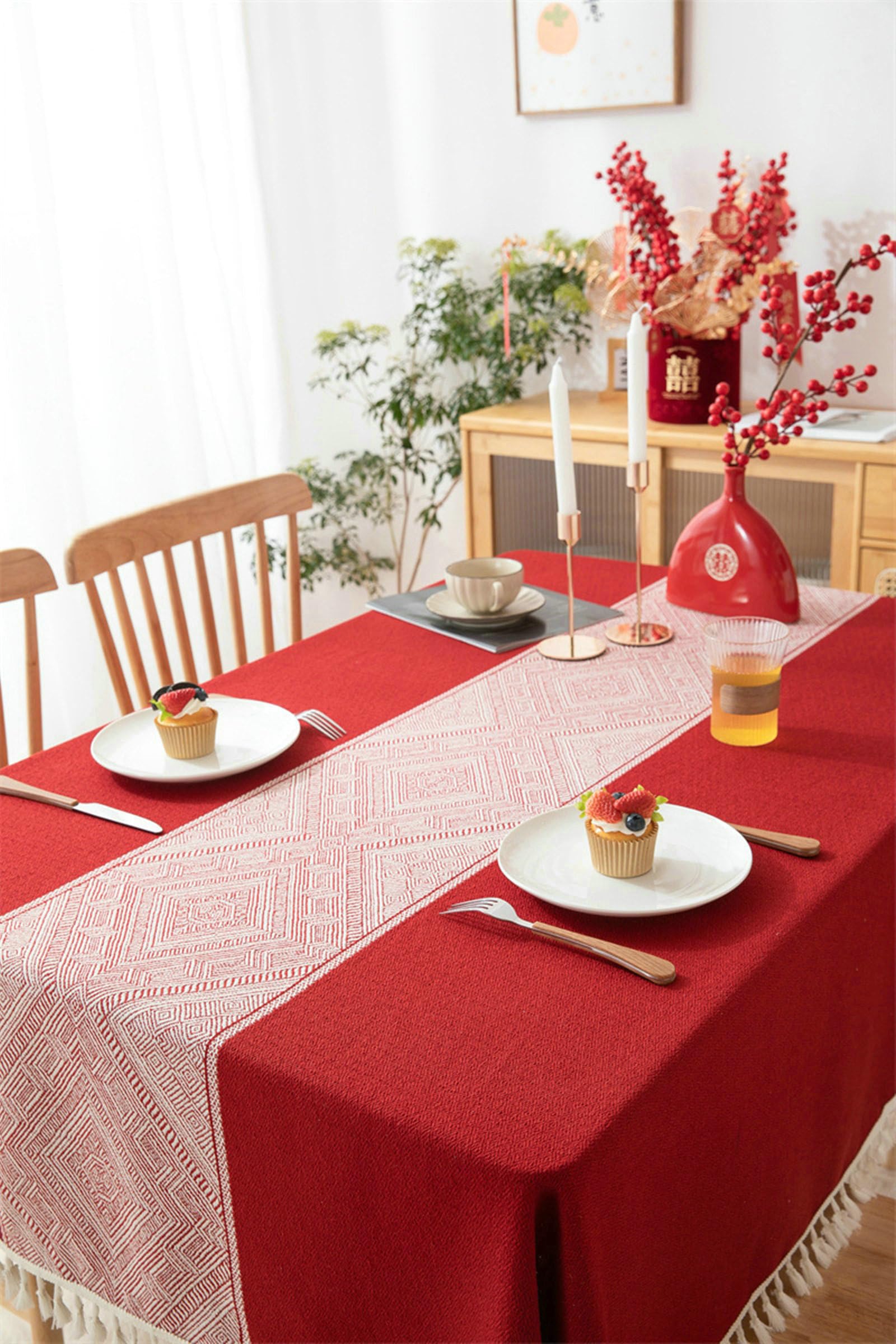 Dunkel Rot Tischdecken Rechteckig 140x300 Polyester Tischdecke Unterlage rutschfest Geometrischer Jacquard Mit Quasten Dauerhaft für Wohnzimmer