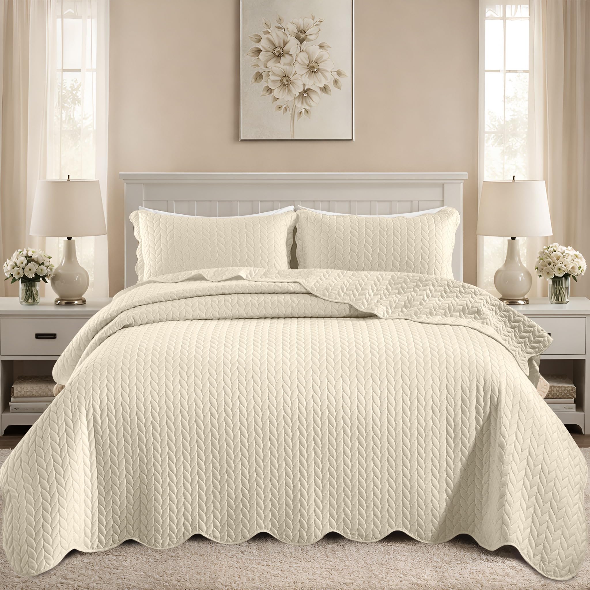 Quilts Queen Size Bedspread Coverlet Leaf Quilt Set (Cream, 90"x96")