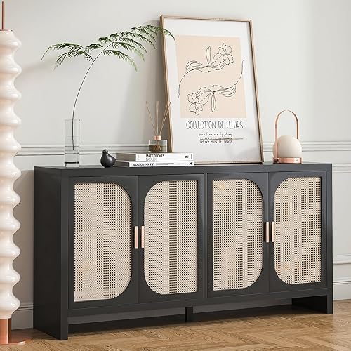 Rattan Sideboard Buffet Cabinet with Storage, Accent Cabinet Storage Cabinet Console Table with 4 Rattan Doors and Adjustable Shelf Liquor Cabinet, Dining Room, Hallway (Black)