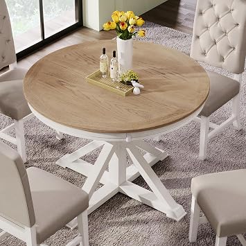 54 Round Oval Dining Table Extendable Kitchen Table for 4-6, Modern Mid-Century Retro Style Wood Dining Room Table with a 12" Leaf for Living Room Dining Room Kitchen, Oak+Off White