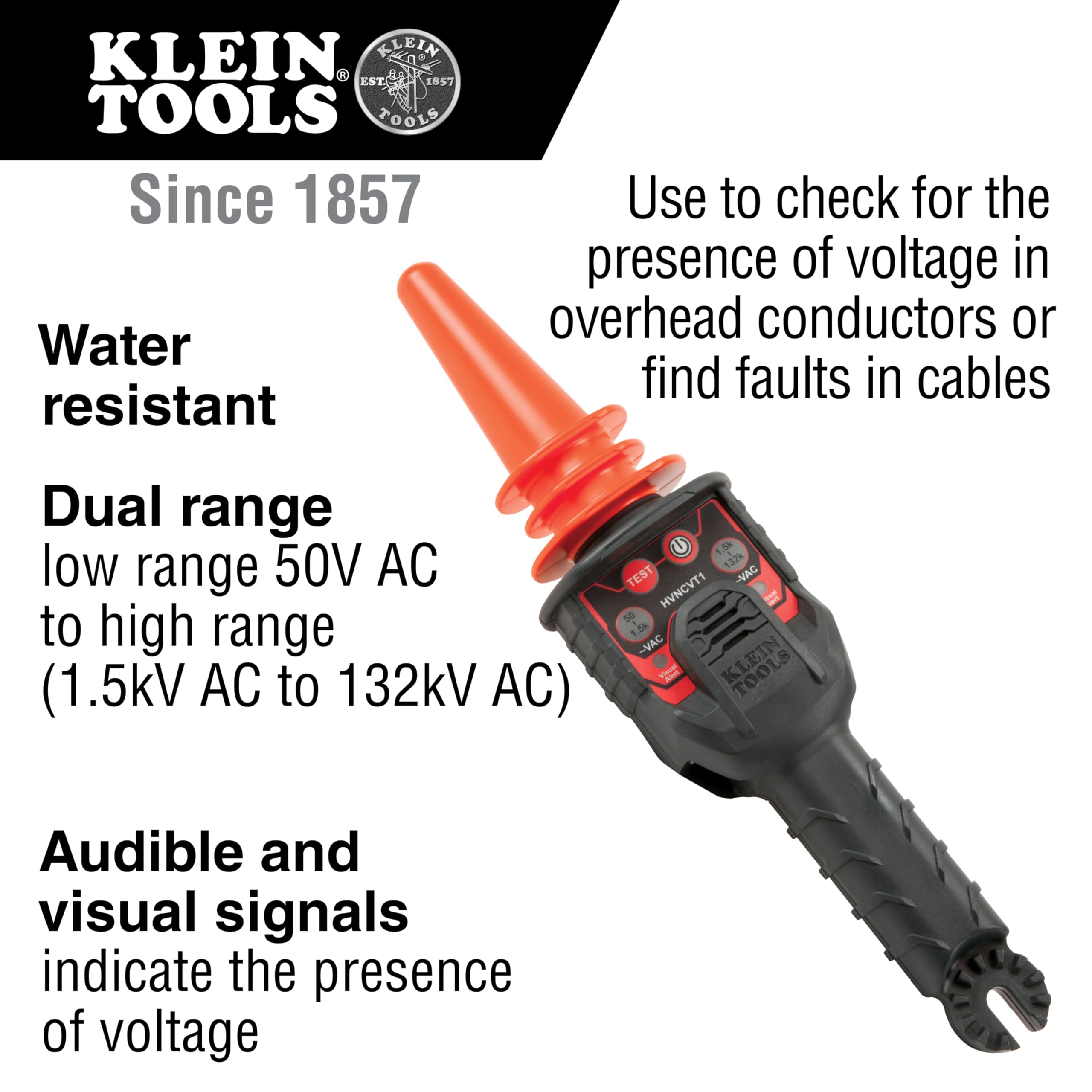 Klein Tools HVNCVT-1 Tester ad alta tensione senza contatto a doppia gamma, indicatori audio/visivi, resistente all'acqua, con custodia e batteria