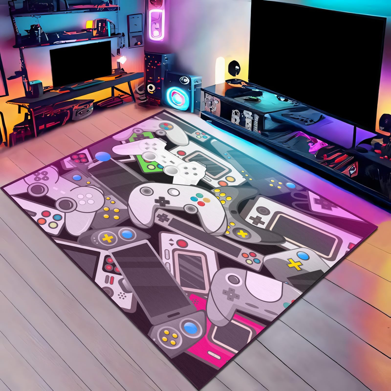 Auetwyona Gaming Rug for Boys Room Large Area Rug 4x6 ft - Video Game Room Decor Gaming Area Rug Grey/Colorful Gamer Carpet Anti-Slip Floor Mat Gamer