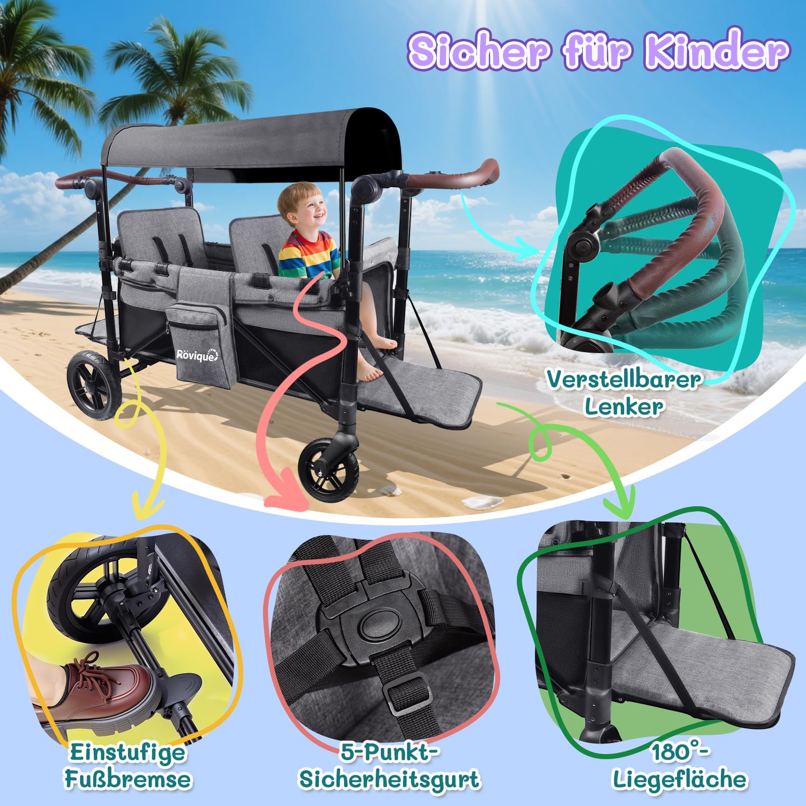 Rovique Bollerwagen faltbar mit 2 Sitze,Premium Bollerwagen für 2 Kinder mit Dach Kinderwagen Handwagen mit 5-Punkt-Gurt,Snack Tablett,Sonnenschutzdach,geländegängigen PU-Rädern,grau