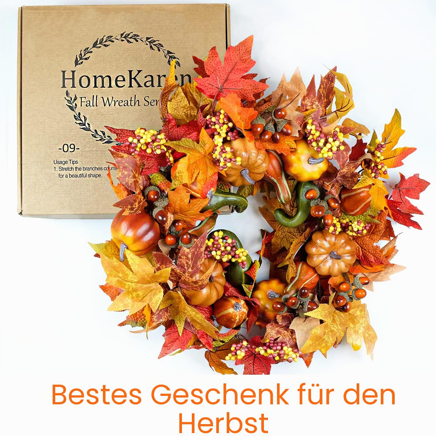 Herbstkränze für Haustür, 55 cm, Herbsttürkranz mit Kürbis, Ahornblättern, Herbst, Erntedankfest, Erntefest, Dekorationen für drinnen und draußen