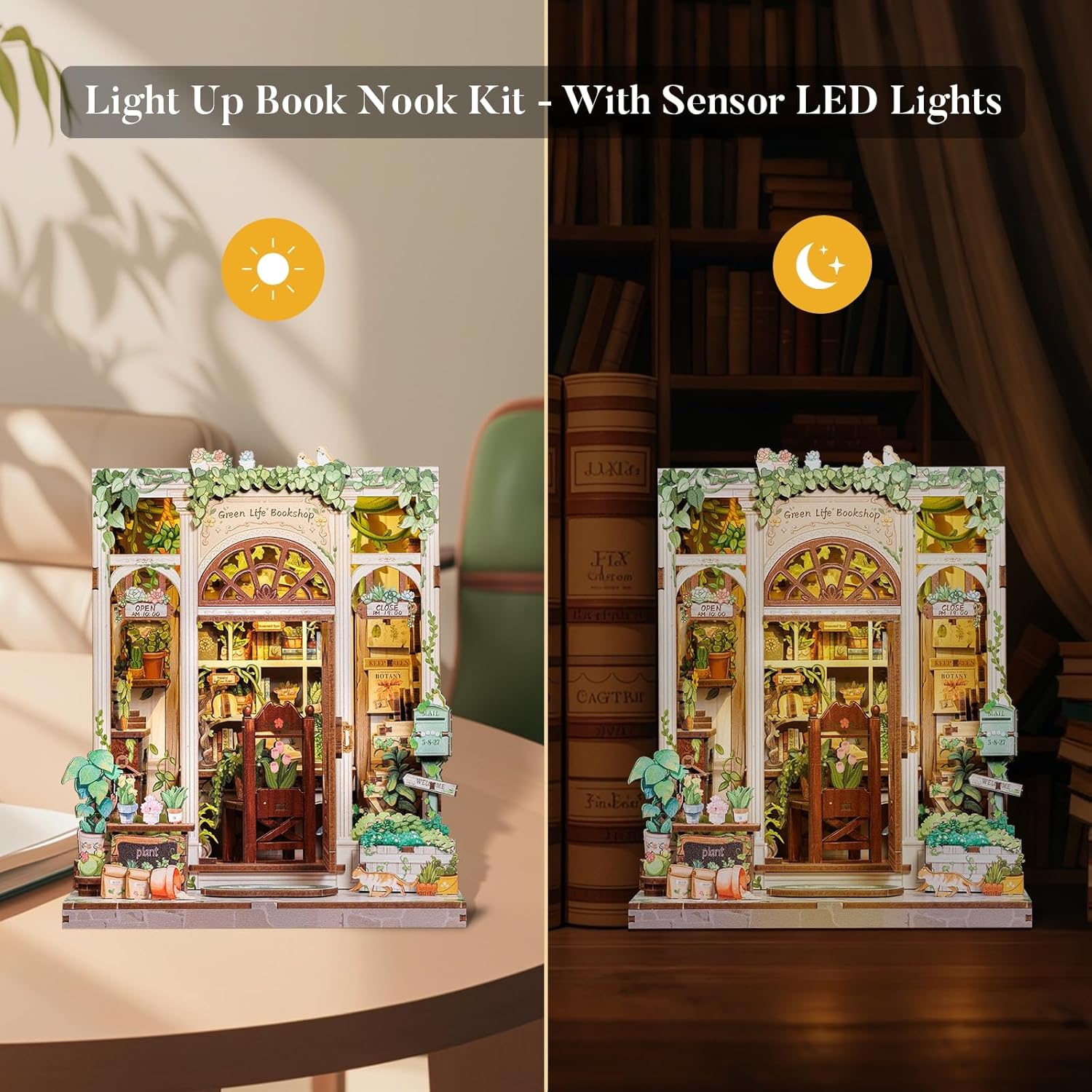 Fsolis Book Nook Kit, 3D Wooden Puzzles for Adults, 196 pcs, DIY Miniature House Kit Mini Building Booknook Bookstore Bookshelf Diorama Gifts for Readers Book Lovers (Green Life's Bookshop)