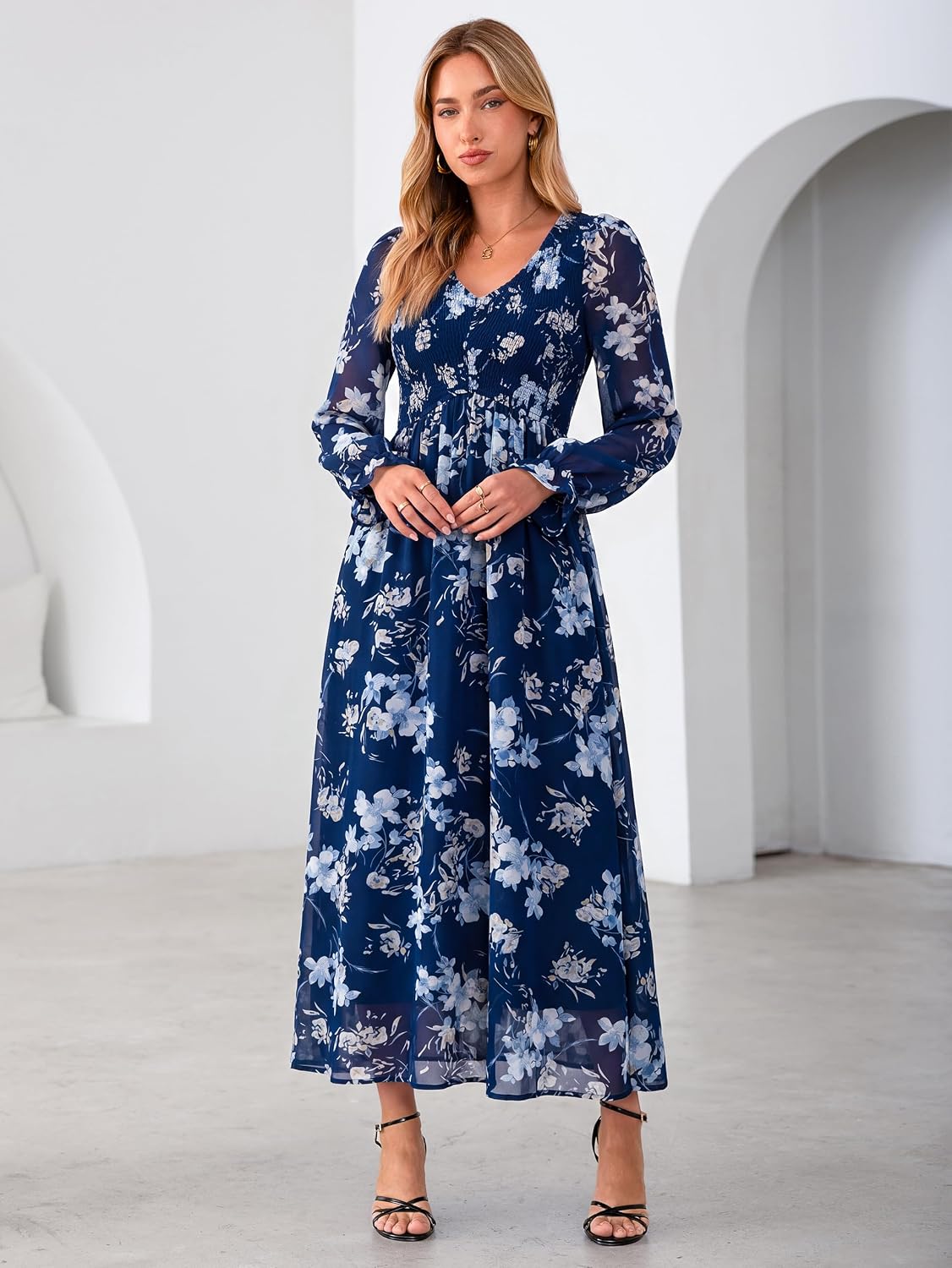 Simplee Womens Fall Floral Wedding Guest Dresses Boho Flowy Maxi Dress image 5