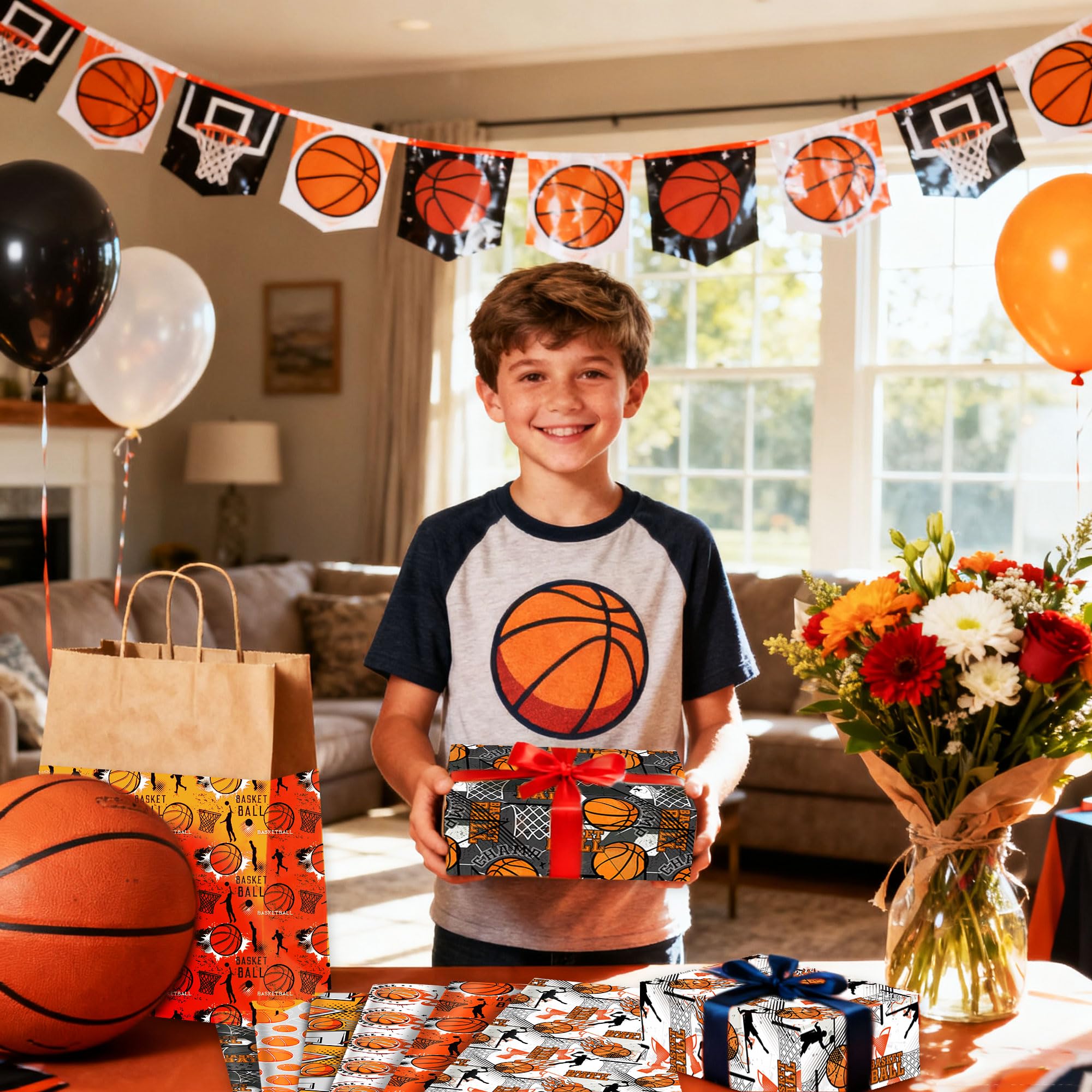 Roaring Good Time papel de regalo estampado baloncesto papel artesanal deportivo para cumpleaños y fiestas deportivas envoltura personalizada balones