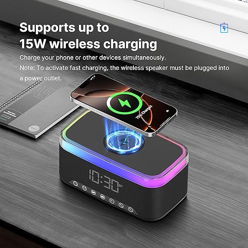 Miniatura 4 de S300 Altavoz Bluetooth portátil con carga inalámbrica rápida de 15 W, máquina de sonido de ruido blanco, reloj despertador digital, radio FM, luz