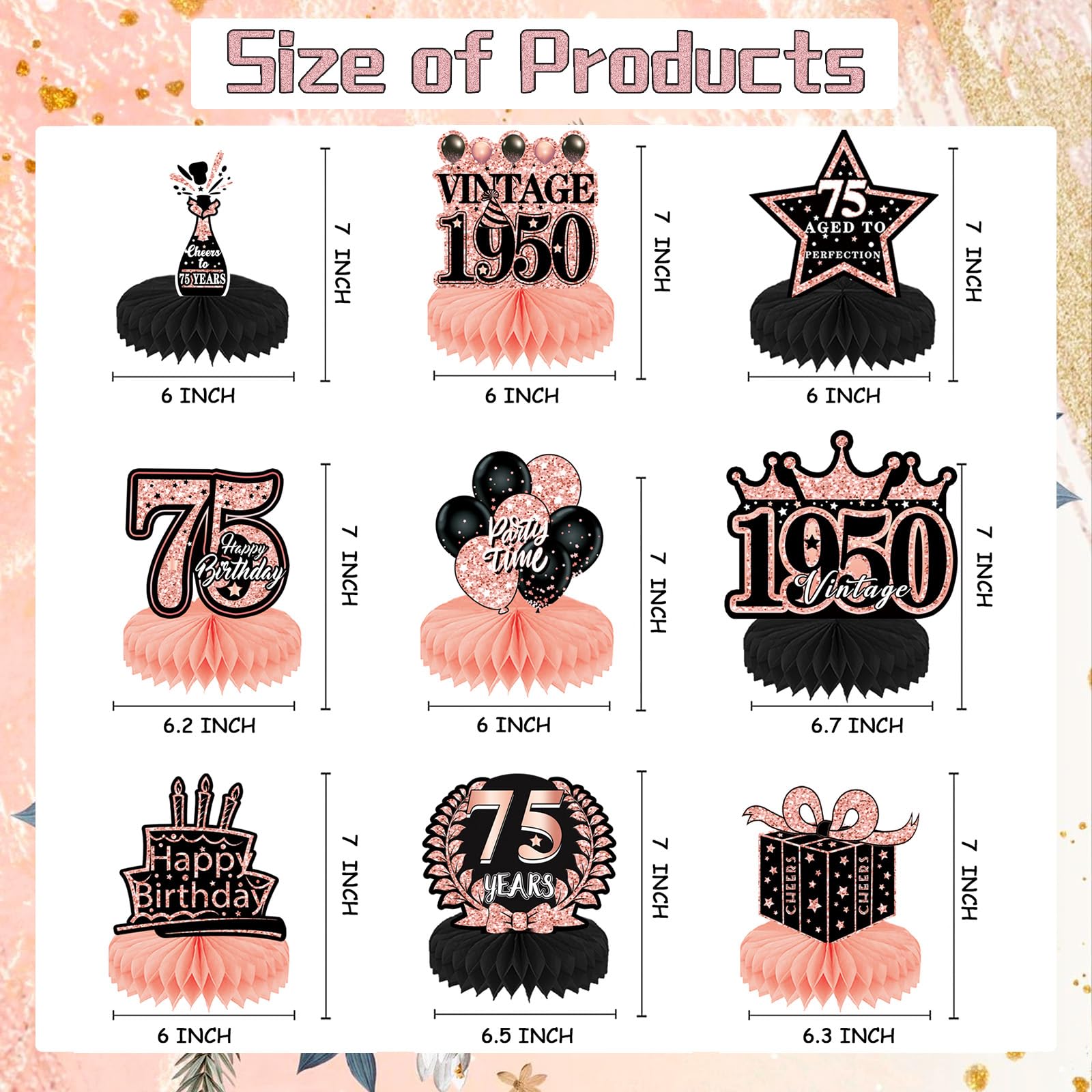 Snapklik.com : Refavor 75th Birthday Decorations - 9PCS Rose Gold Honeycomb  Centerpieces For Womens 75th Birthday Party, image size:1600x1600