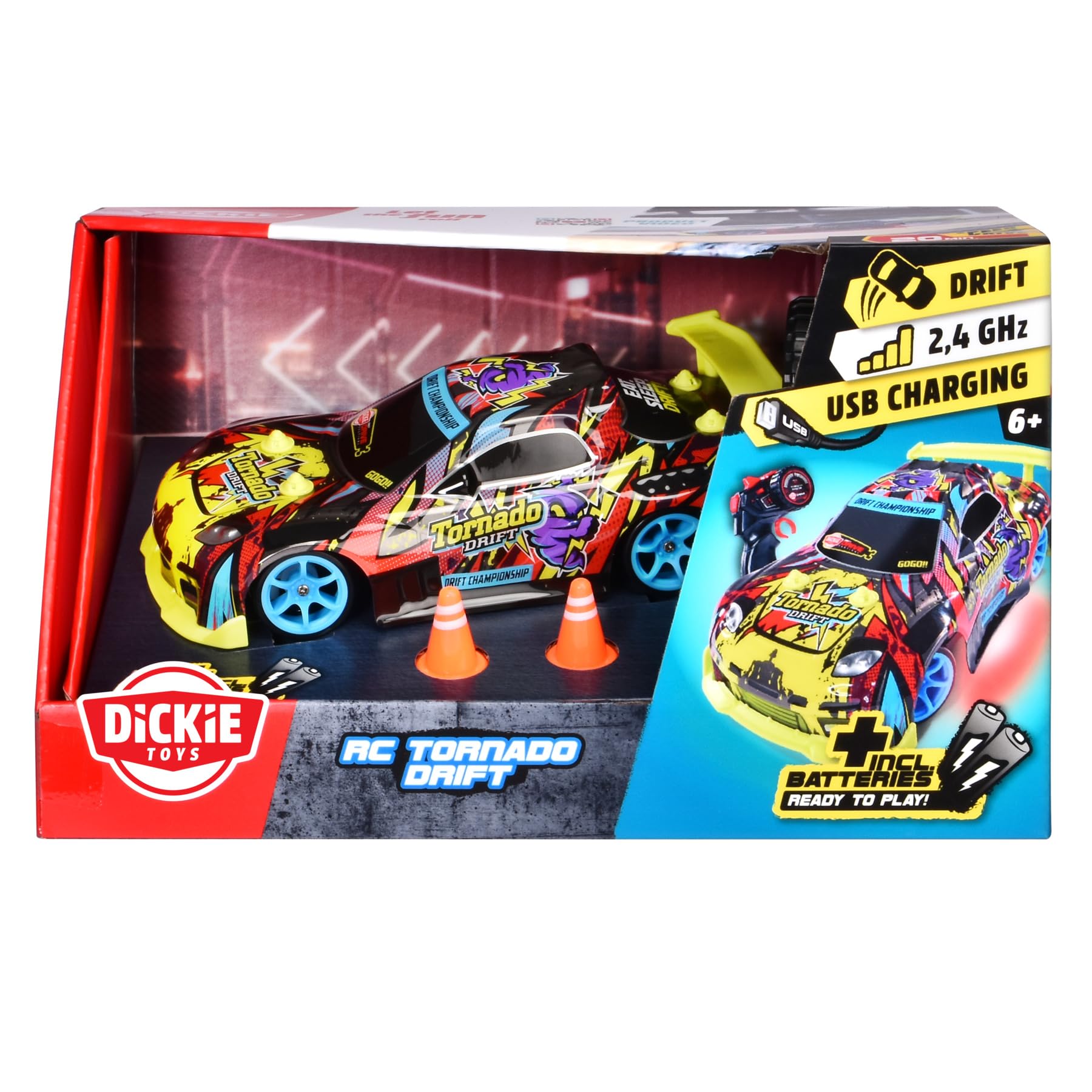 Dickie Toys - RC Auto Tornado Drift – zdalnie sterowany samochód od 6 lat z oświetleniem podłogi, pilot zdalnego sterowania 2,4 GHz, akcesoria i baterie, 10 km/h, 4WD