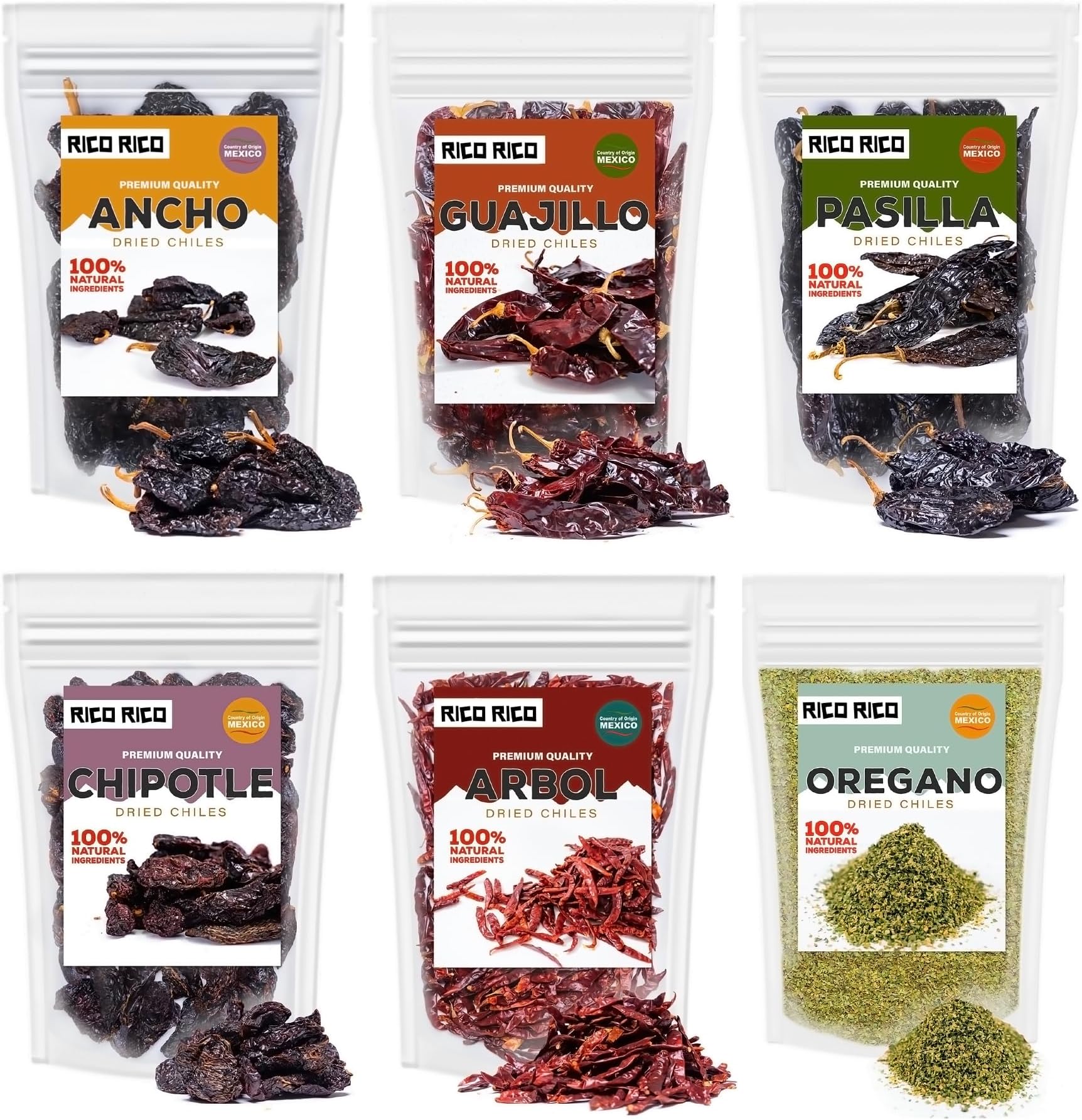 Dried Peppers 6 Pack Bundle - Ancho, Arbol, Guajillo, Pasilla, Chipotle Morita, Mexican Oregano, 24 Oz Super Pack for Authentic Mexican Recipes, Resealable Bags