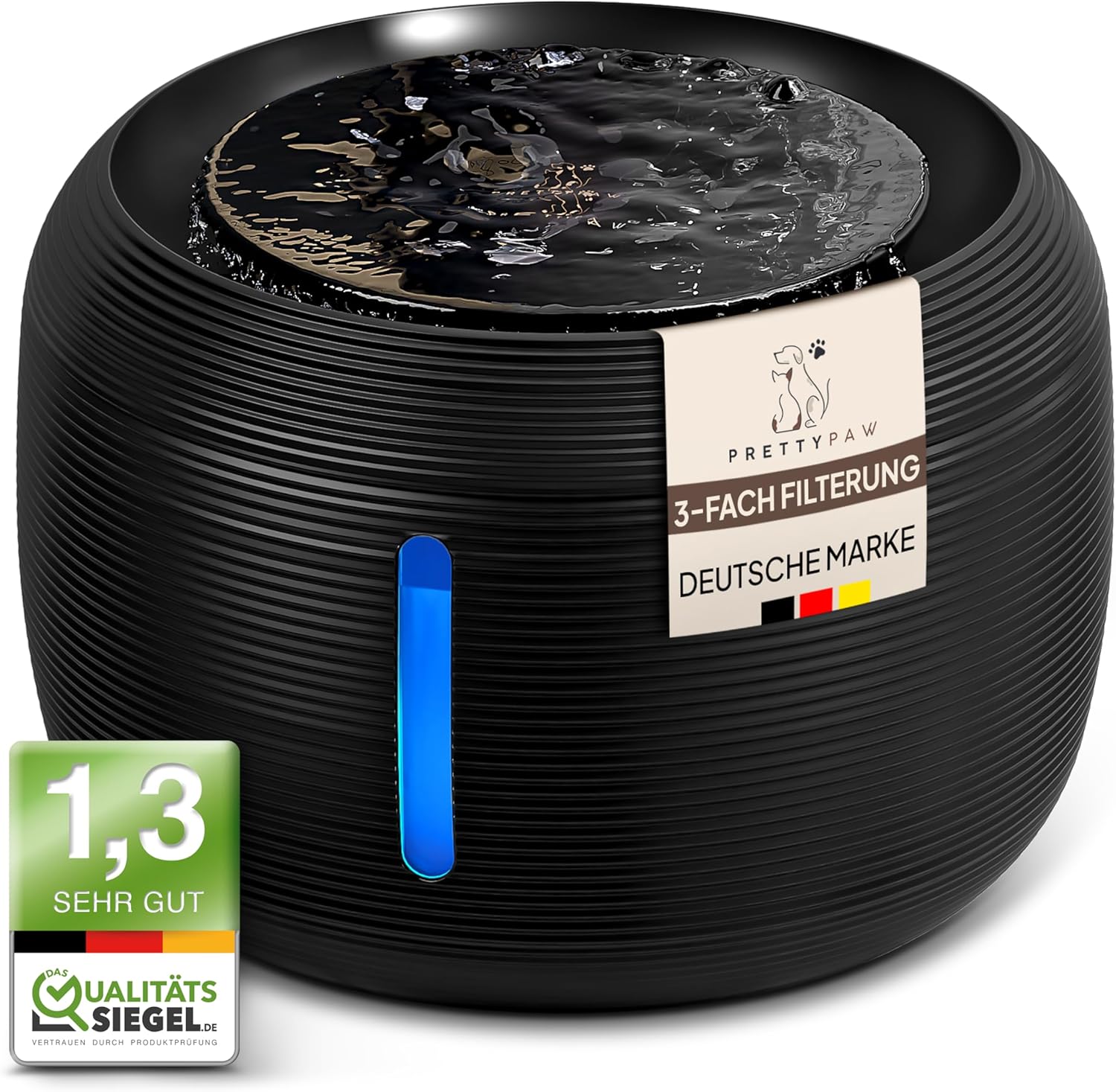Pretty Paw Trinkbrunnen für Katze – Flüsterleiser 2,5L Katzenbrunnen mit LED &amp; Aktivkohlefilter - BPA-frei &amp; leicht zu reinigen - Hochwertige Lösung zum fairen Preis - KatzenOase Pro