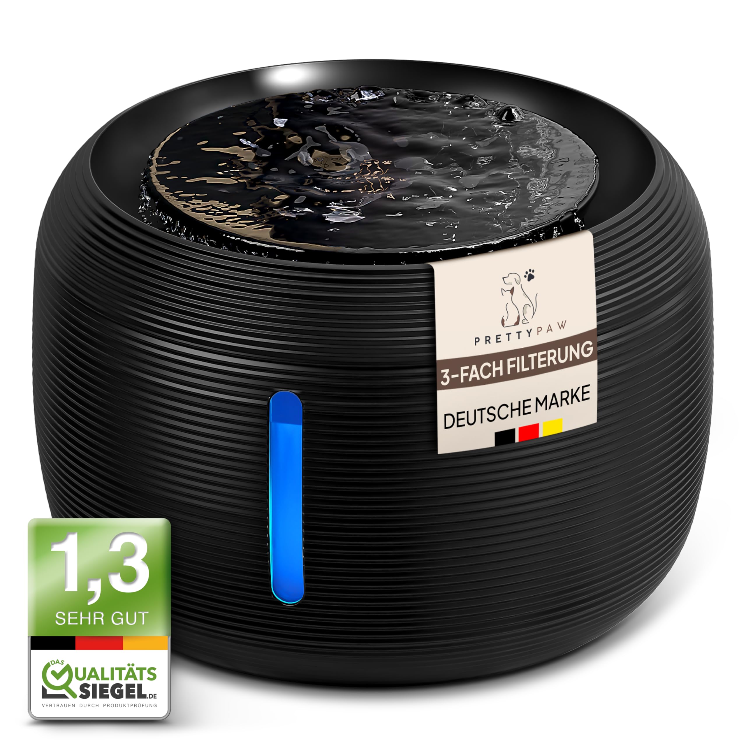 Pretty Paw Trinkbrunnen für Katze – Flüsterleiser 2,5L Katzenbrunnen mit LED & Aktivkohlefilter - BPA-frei & leicht zu reinigen - Hochwertige Lösung zum fairen Preis - KatzenOase Pro