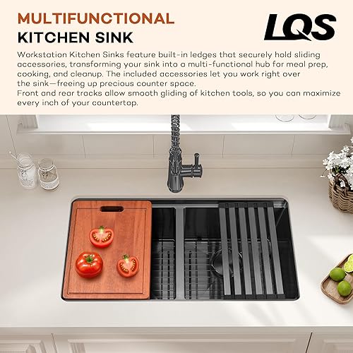 Vista 7 de LQS Fregadero de cocina negro de 30 x 18 pulgadas, fregadero de cocina grande de acero inoxidable con doble tazón, acero inoxidable de calibre 16