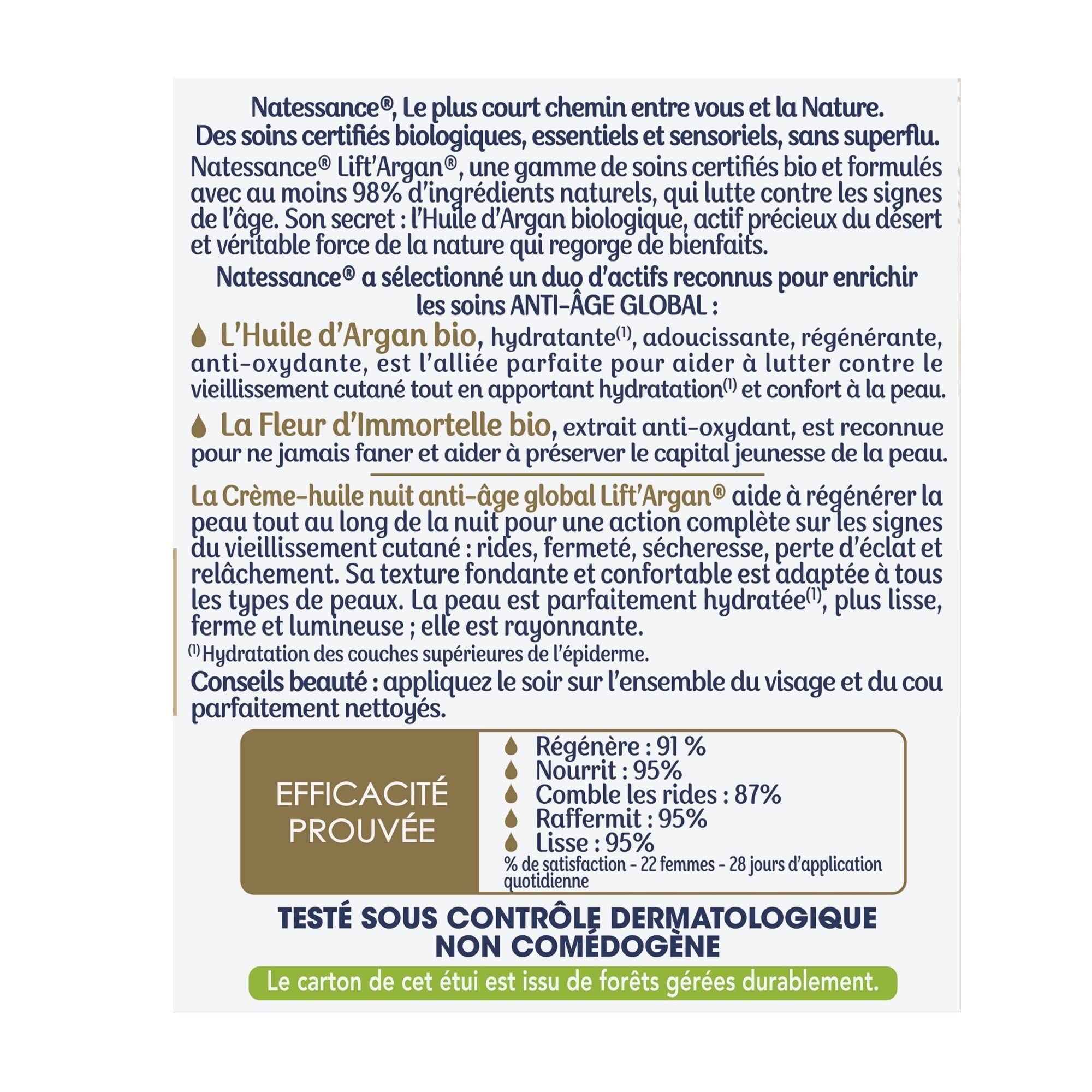 Natessance | Crème-Huile Nuit Anti-Âge Global – Lift’Argan | Lutte contre le vieillissement cutané : rides, fermeté, éclat | Tous types de peaux | 98% d’origine naturelle| Certifié Bio |50 ml