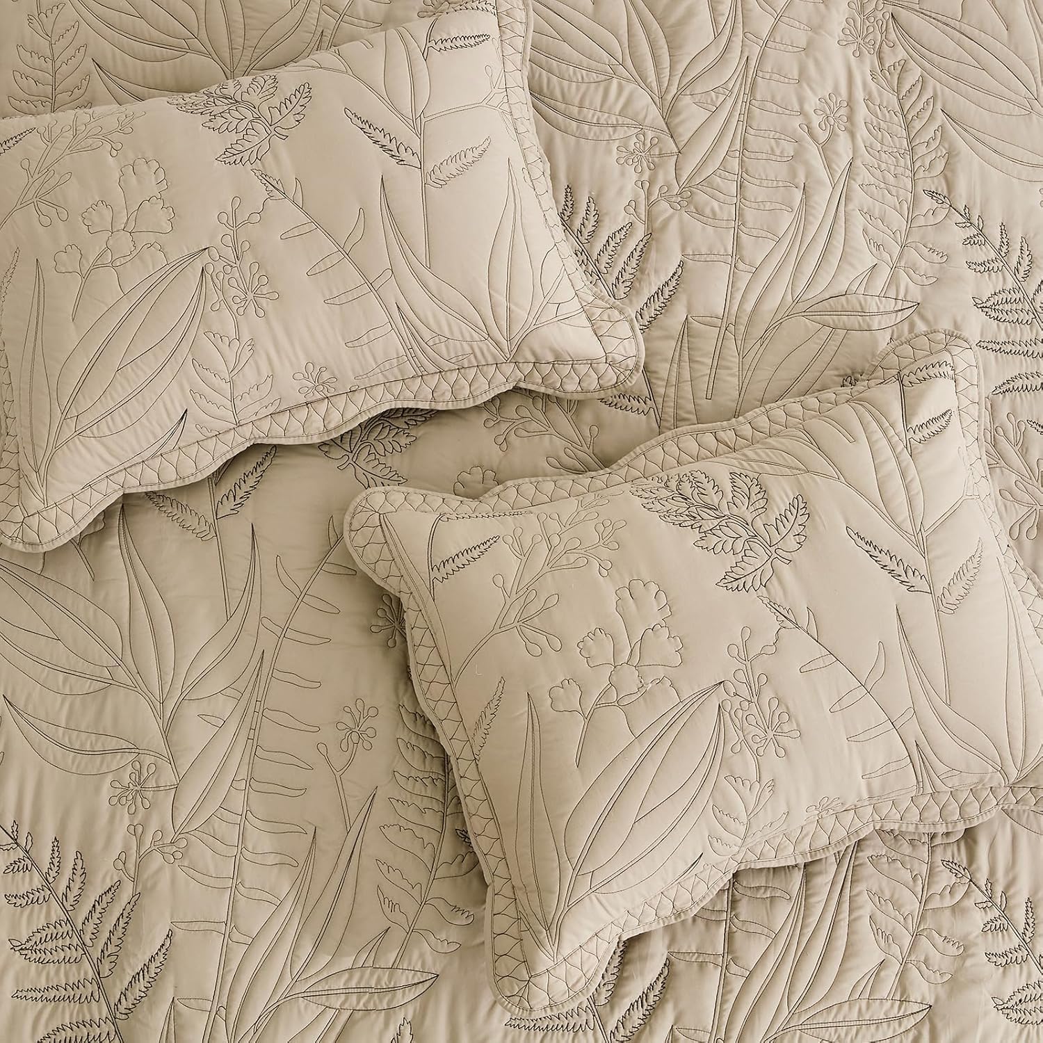 Botanical Oversized Bedspread King Size - Leaves Pattern Stitching Quilt Set - Elegant & Fresh Style Bedding Coverlets, Reversible, Lightweight, 5 Piece, Taupe - Image 5