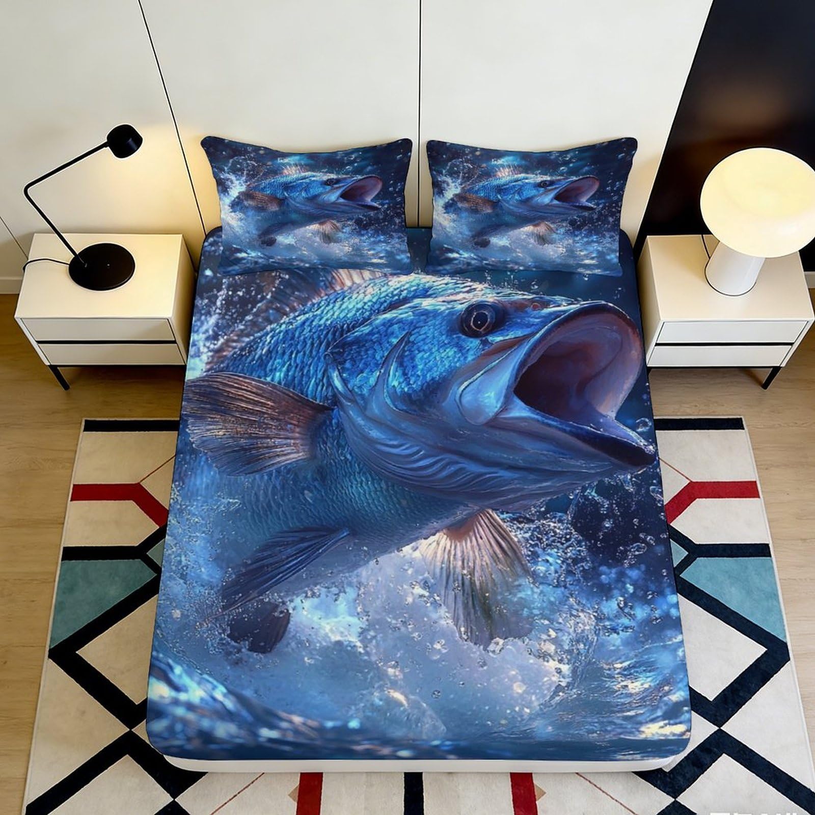 3D Printed fish design Fitted Sheet, Microfiber soft touch, guest room bedding, wrinkle resistant, stylish room accent, easy care, home decor 90x200x25cm