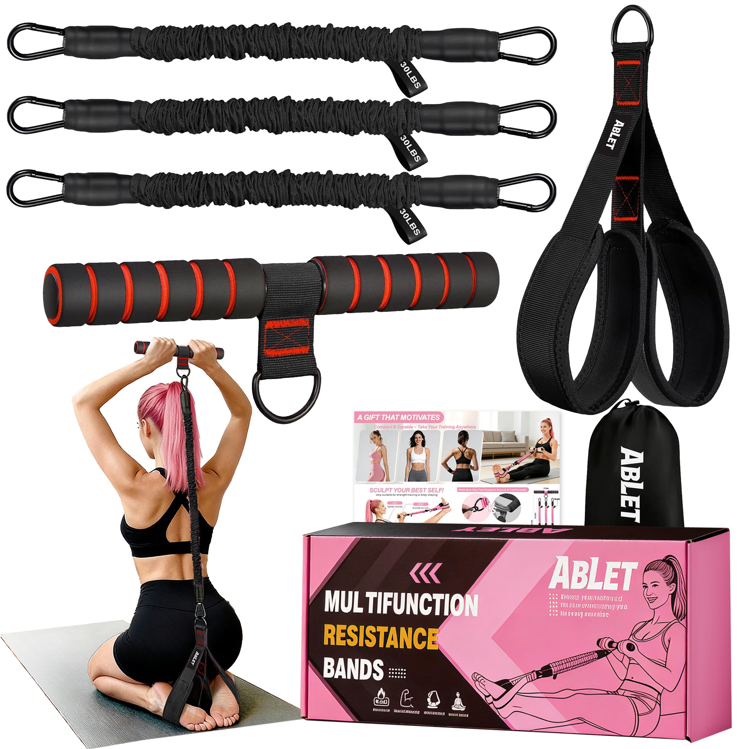 3 Tube Pedal Resistance Band with Handle, Upgraded Multifunction Adjustable Home Workout Equipment for Women, Full Body Toning Bands for Abs Waist Core Glutes Arms Legs, Sit Up Exercise Tool, Black