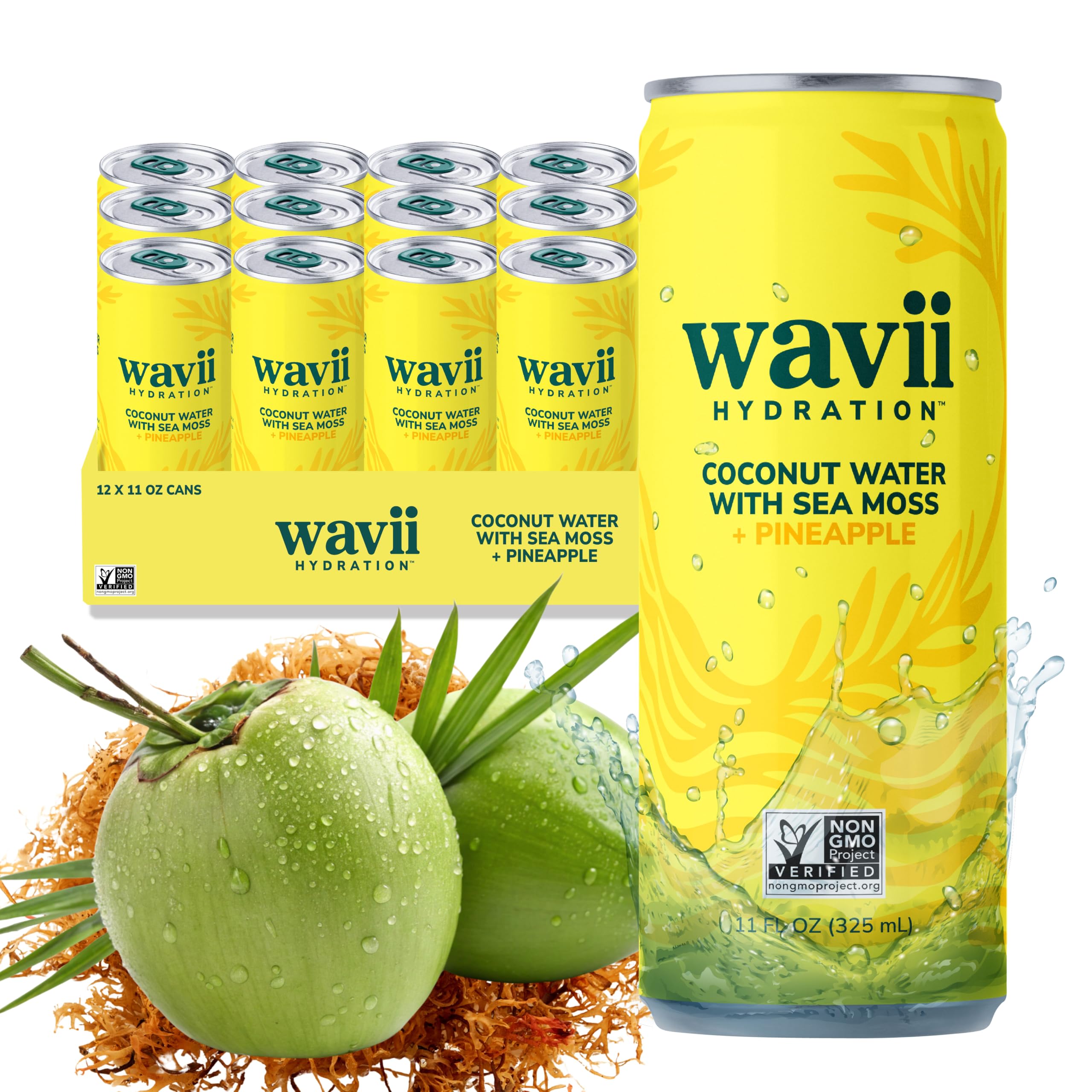 Wavii Hydration Organic Coconut Water with Organic Sea Moss plus Pineapple, 11 fl oz Cans, Pack of 12 – Clean Refreshing Hydration with Naturally