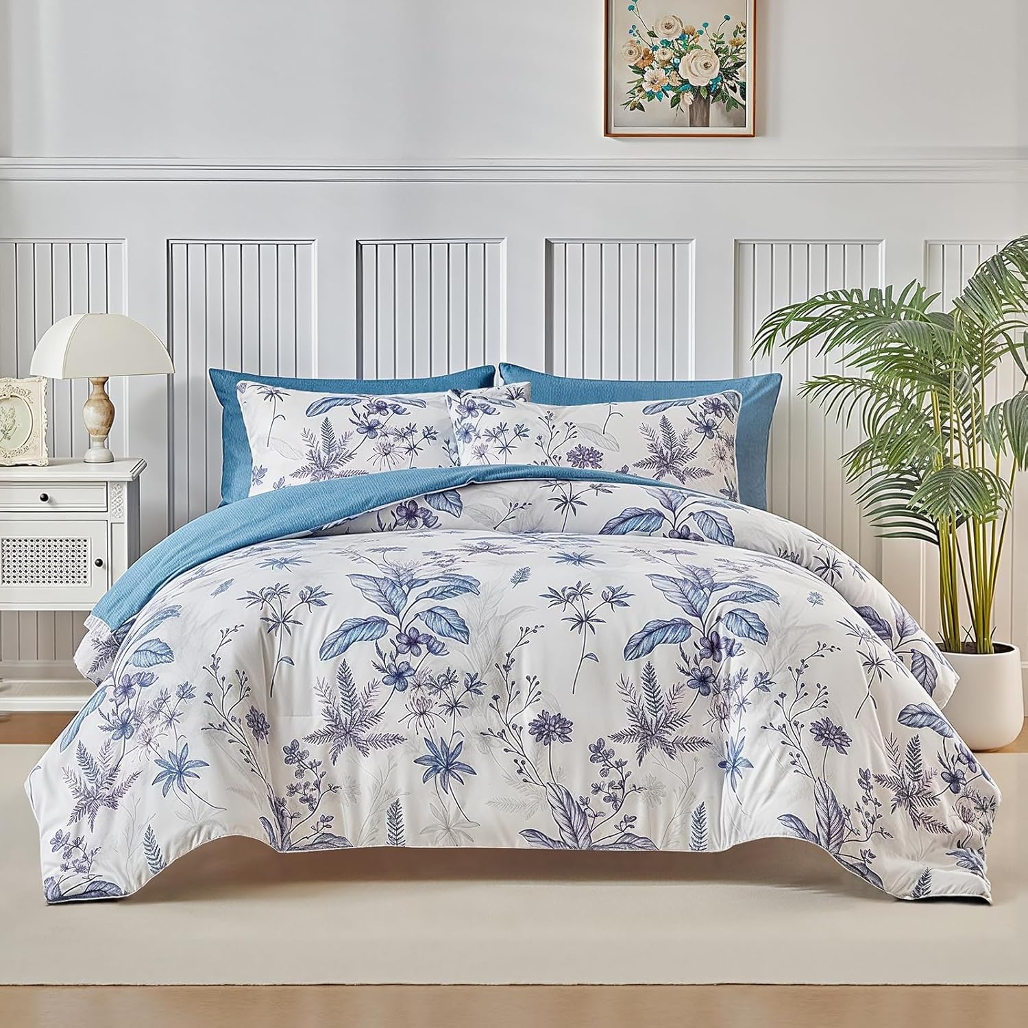 Funda Nordica Cama 90 Infantil Plantas Ropa de Cama Azul Microfibra Suave y Cómoda con Cremallera Funda Edredon 150x200-2 Fundas Almohada 50x75 QD2