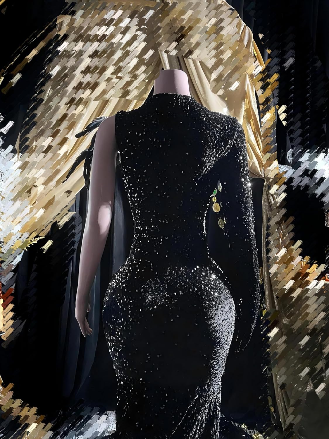 Engerla Sequined One Sleeve Mermaid Evening Dress Prom Dress Applique Crystal Celebrity Pageant Gown Church Train