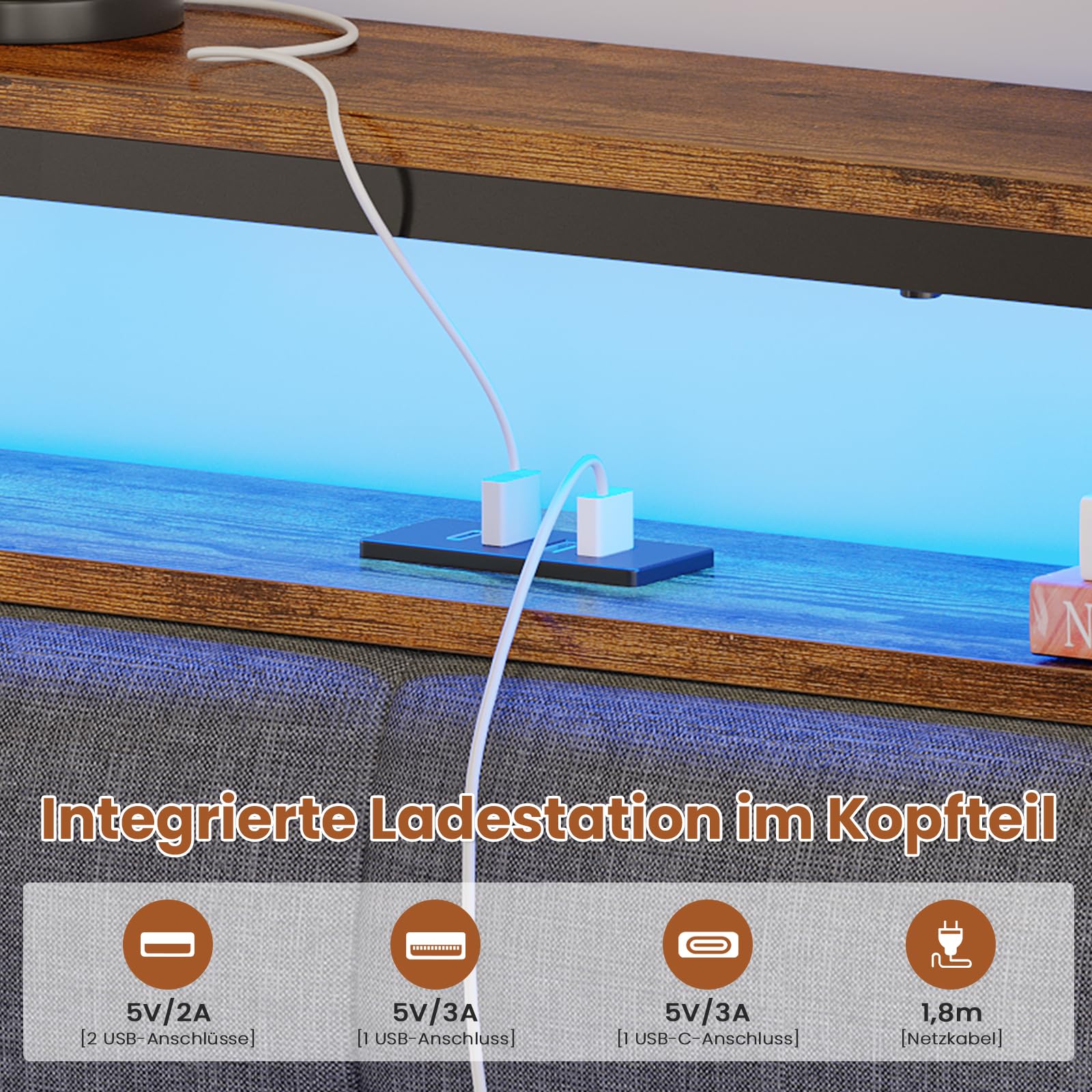 AOGLLATI Polsterbett 140x200 mit Ladestation Bett 140X200 mit LED-Beleuchtung,Bettgestell mit Lattenrost Metallbett Jugendbett mit Kopfteil aus Leinenstoff (140×200cm)