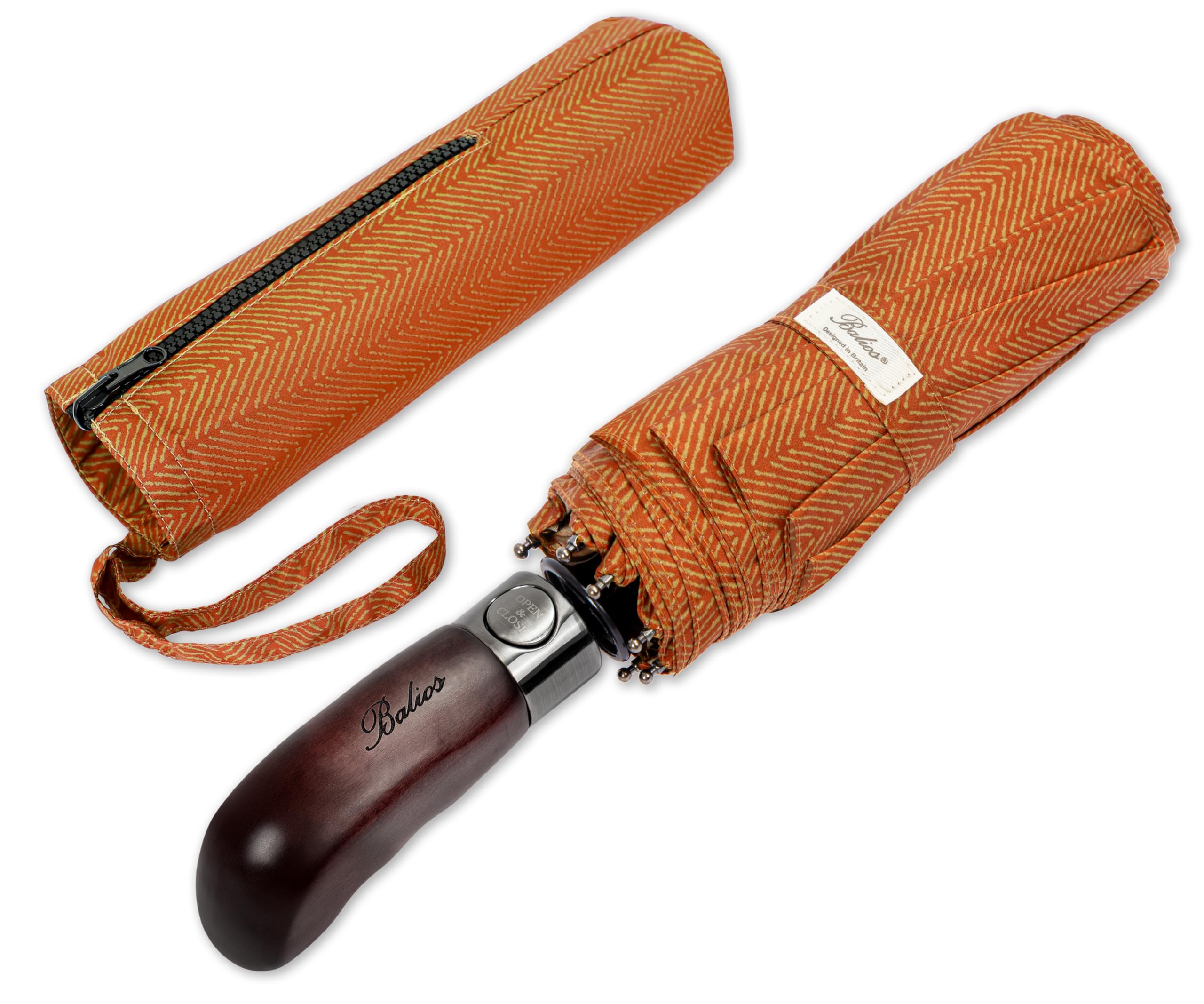 Travel Folding Umbrella with Real Wood Handle Auto Open Close Vented Windproof Canopy - Designed in UK