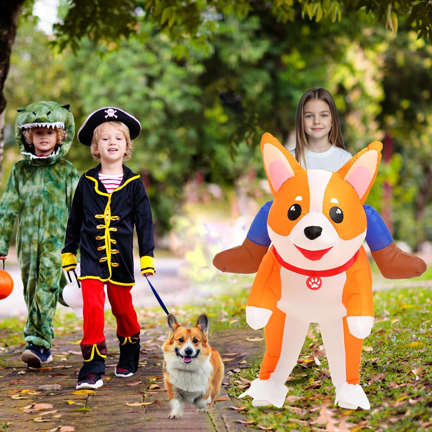 Inflatable Costumes Kids Dog Costume Halloween Blow Up Ride on Corgi Costume Animal Suit for Girls Boys Cosplay Party