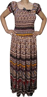 Mogul Interior Womens Boho Dress Printed Smocked Waist Gypsy Beach Fastive Summer Dresses S/M Pink,Black