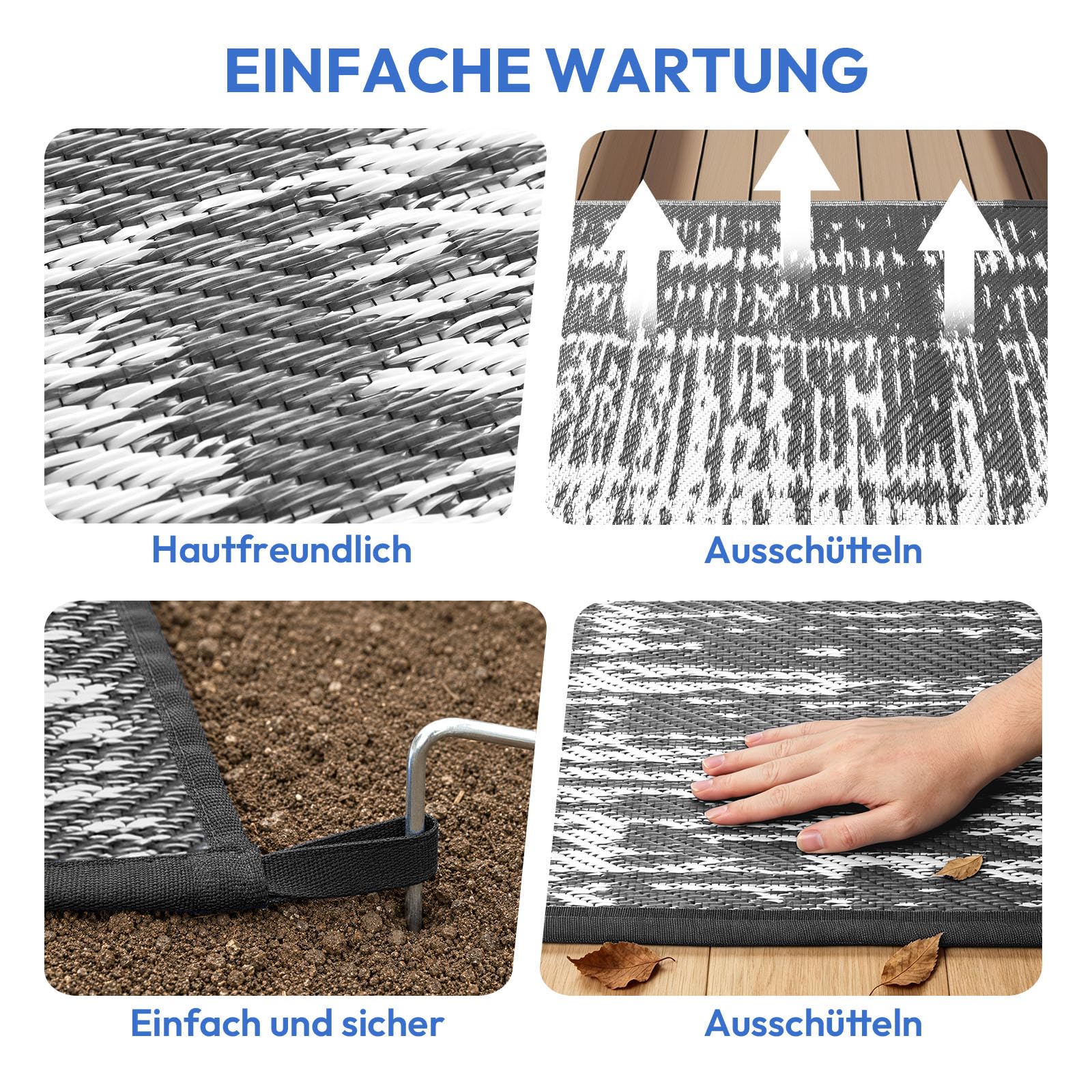 Treeboy Outdoor Teppich Wetterfest 180x270cm Reversible Matte aus Kunststoff Stroh UV-beständig Campingmatte Recycling für Patio Balkon Strand BBQ Picknick Deck,Grau & Weiß