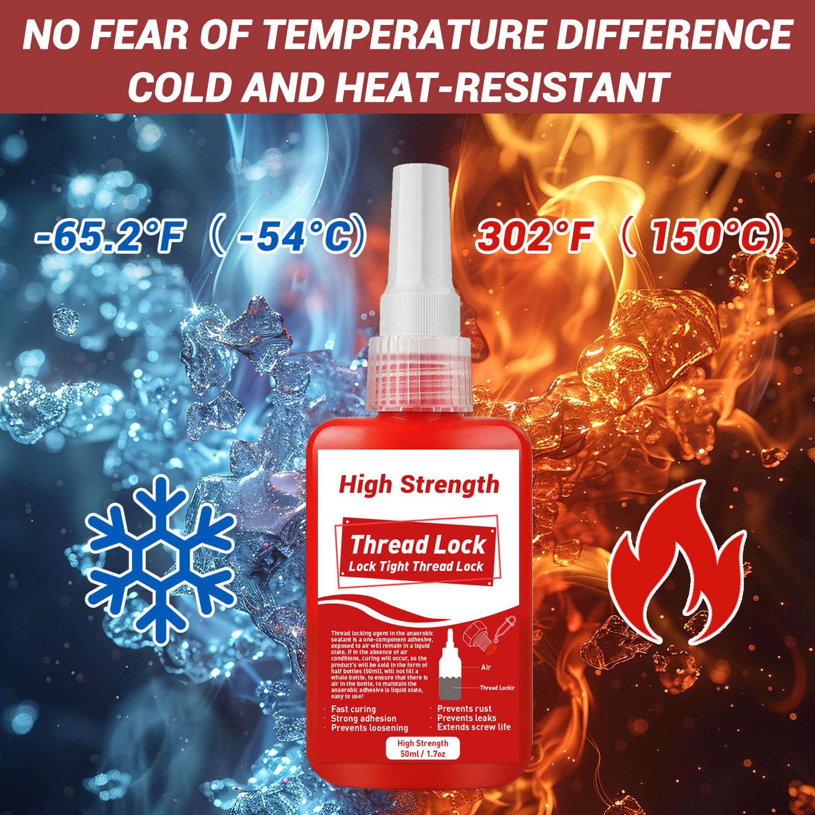 50 ml Frenafiletti Forte, Frena Filetti Rosso ad Alta Resistenza, Blocca e Sigilla Dadi e Bulloni, Evita Allentamenti e Perdite, Stabile, Antiruggine