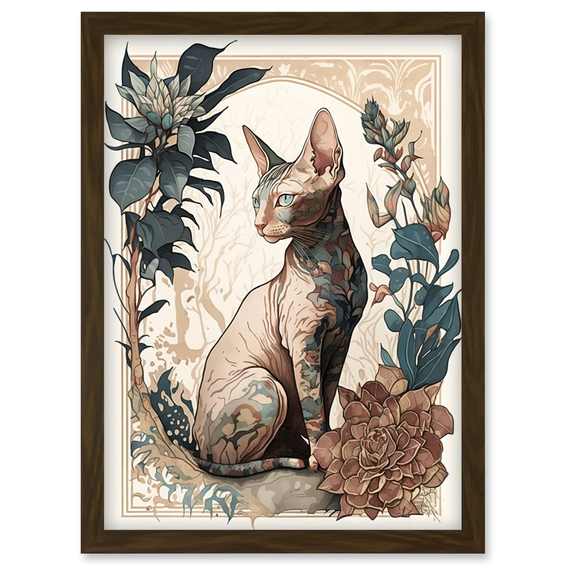 Artery8 Sphynx Cat with Flower Blooms Modern Art Nouveau Portrait Illustration Artwork Framed Wall Art Print A4