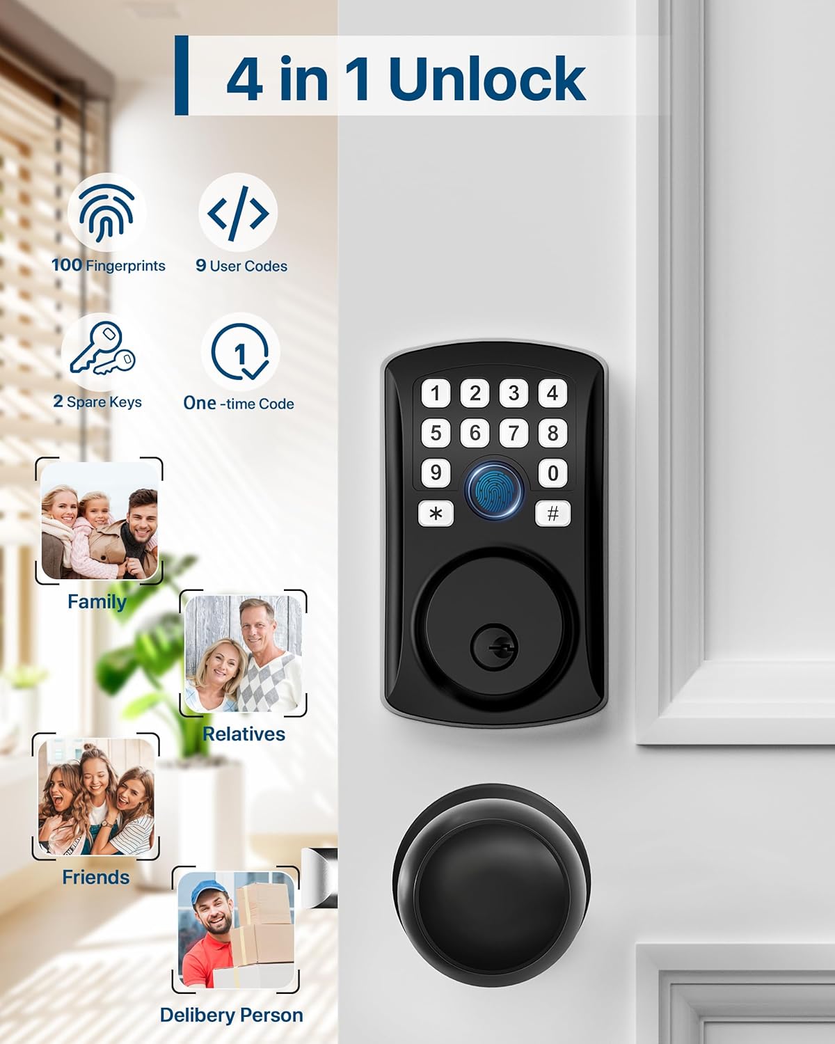 HIDALIFE Fingerprint Door Lock with 2 Door Knob Set, Keyless Entry Door Knob Deadbolt with Keypad, Electronic Keypad Deadbolt, Keyless Entry for Home, Apartment, Matte Black