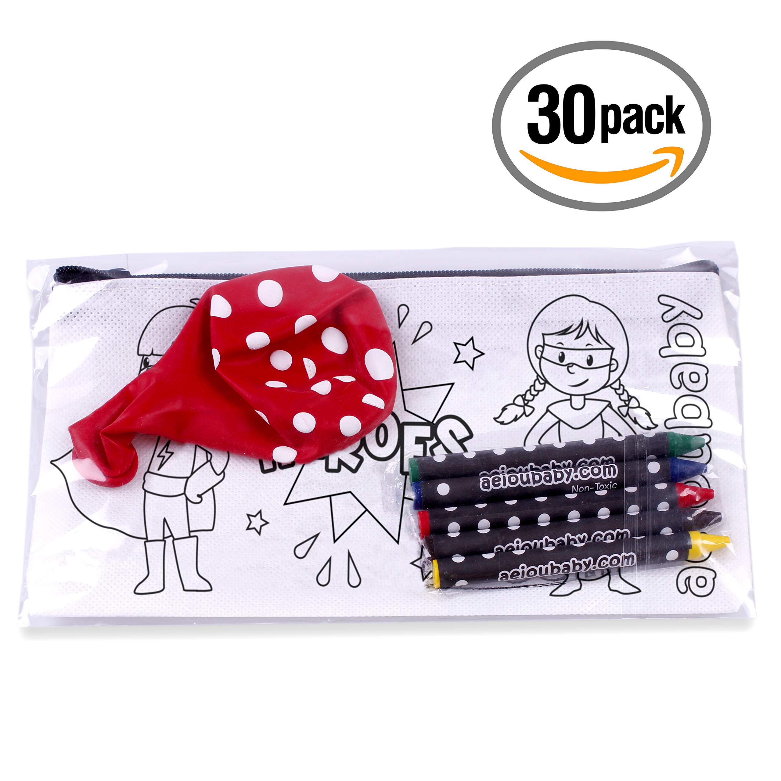aeioubaby.com 30 Trousses à Colorier + Sac Réutilisable | 30 Sacs individuels contenant 5 Crayons de Couleur et un Ballon | Cadeau pour enfants au fêtes et anniversaires (Héros)